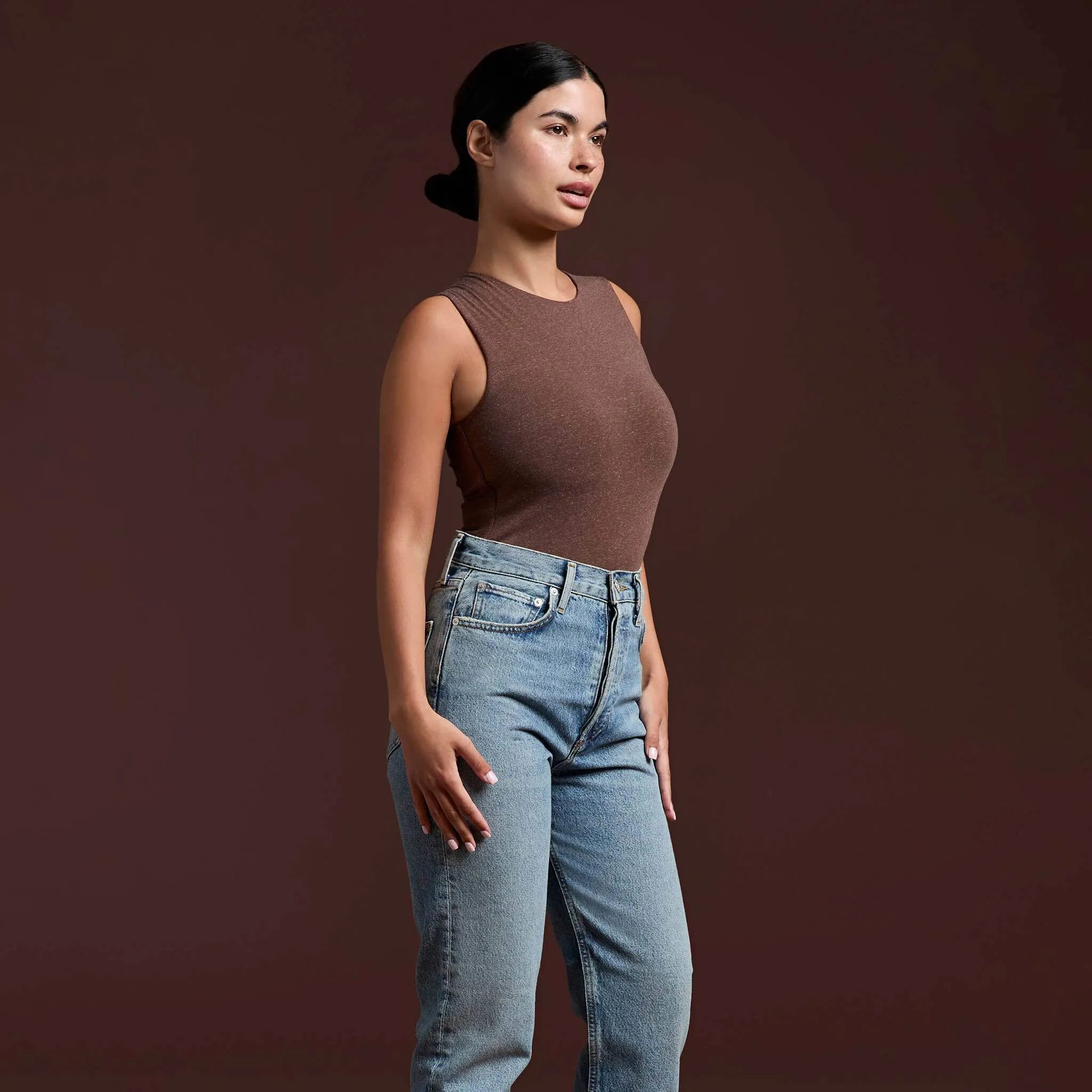 Cotton Stretch Classic Crewneck Tank Bodysuit | Heather Coffee sold by nuuds product image thumbnail 3