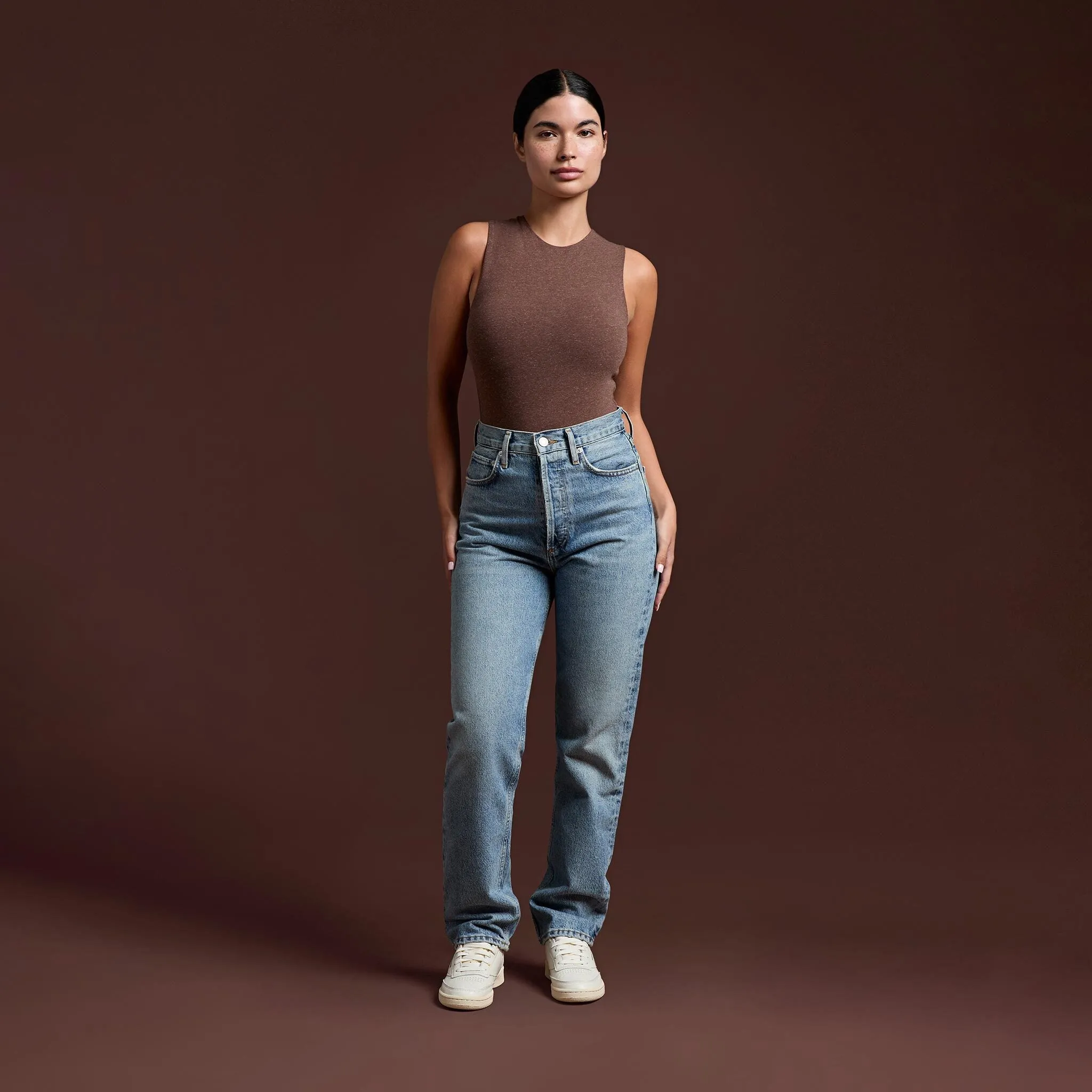 Cotton Stretch Classic Crewneck Tank Bodysuit | Heather Coffee sold by nuuds product image thumbnail 2