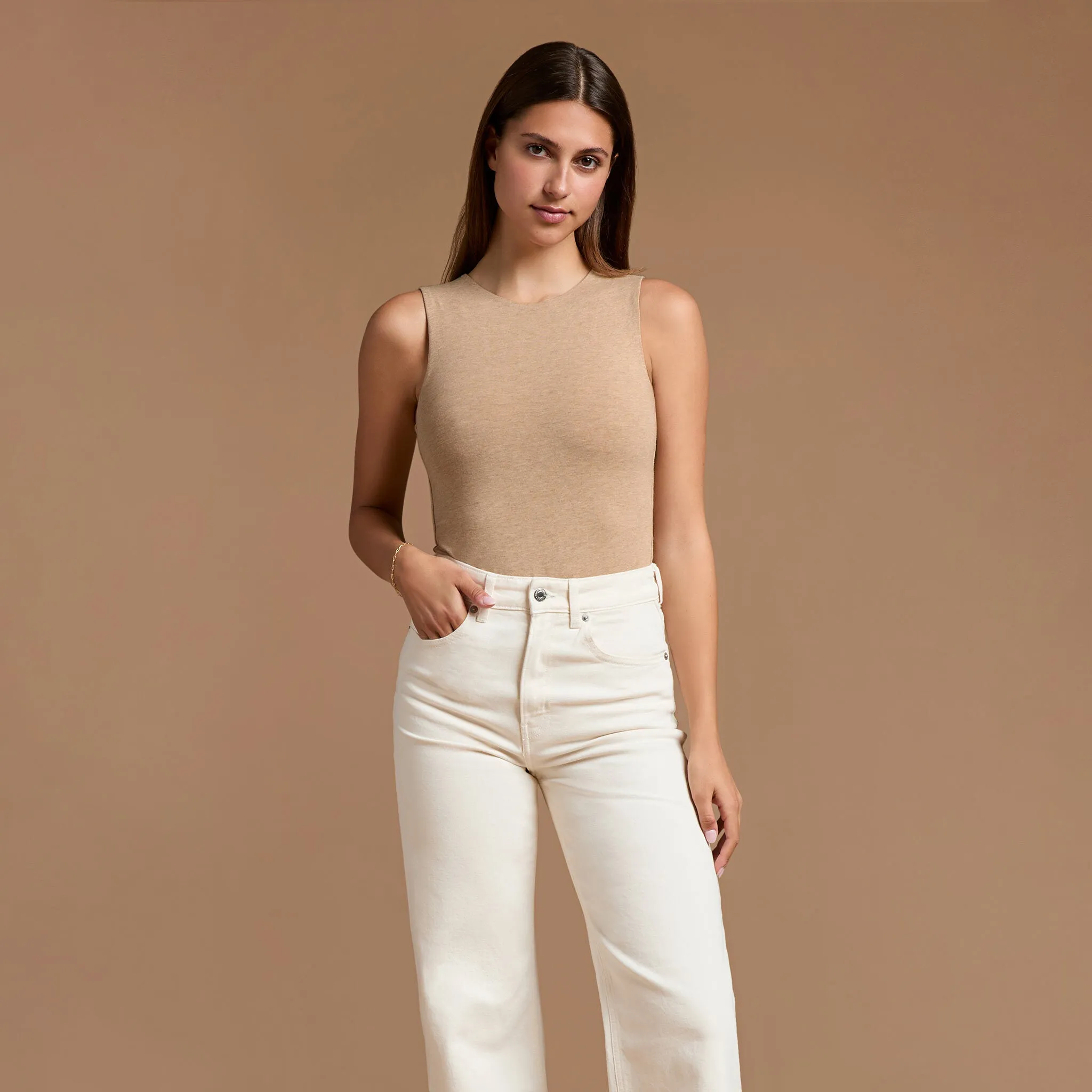 Cotton Stretch Classic Crewneck Tank Bodysuit | Heather Cinnamon sold by nuuds