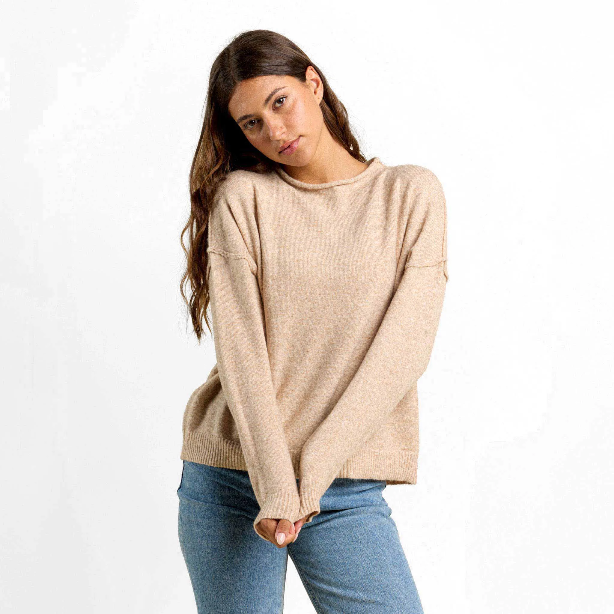 Cozy Knit Mock Neck Sweater | Heather Oat sold by nuuds