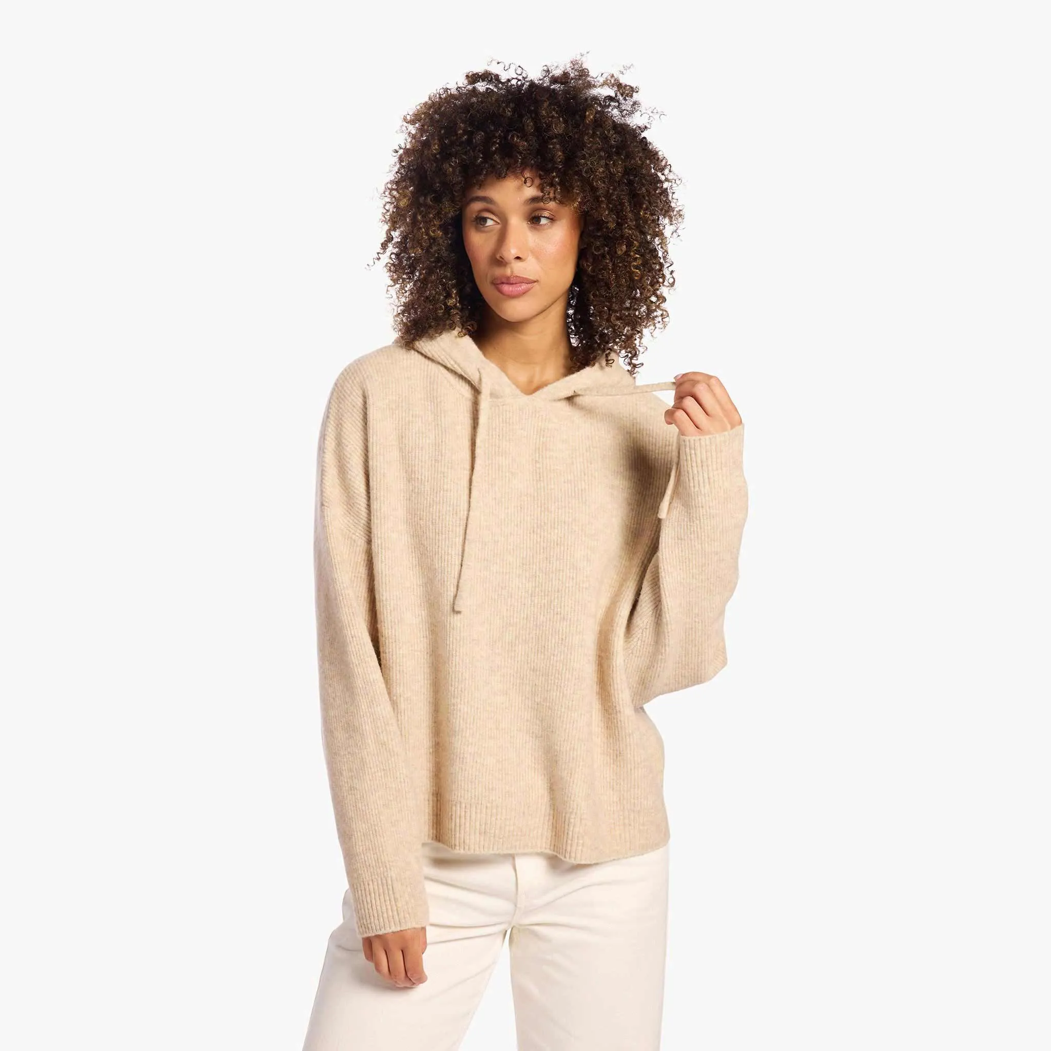 Cozy Knit Ribbed Sweater Hoodie | Heather Oat sold by nuuds