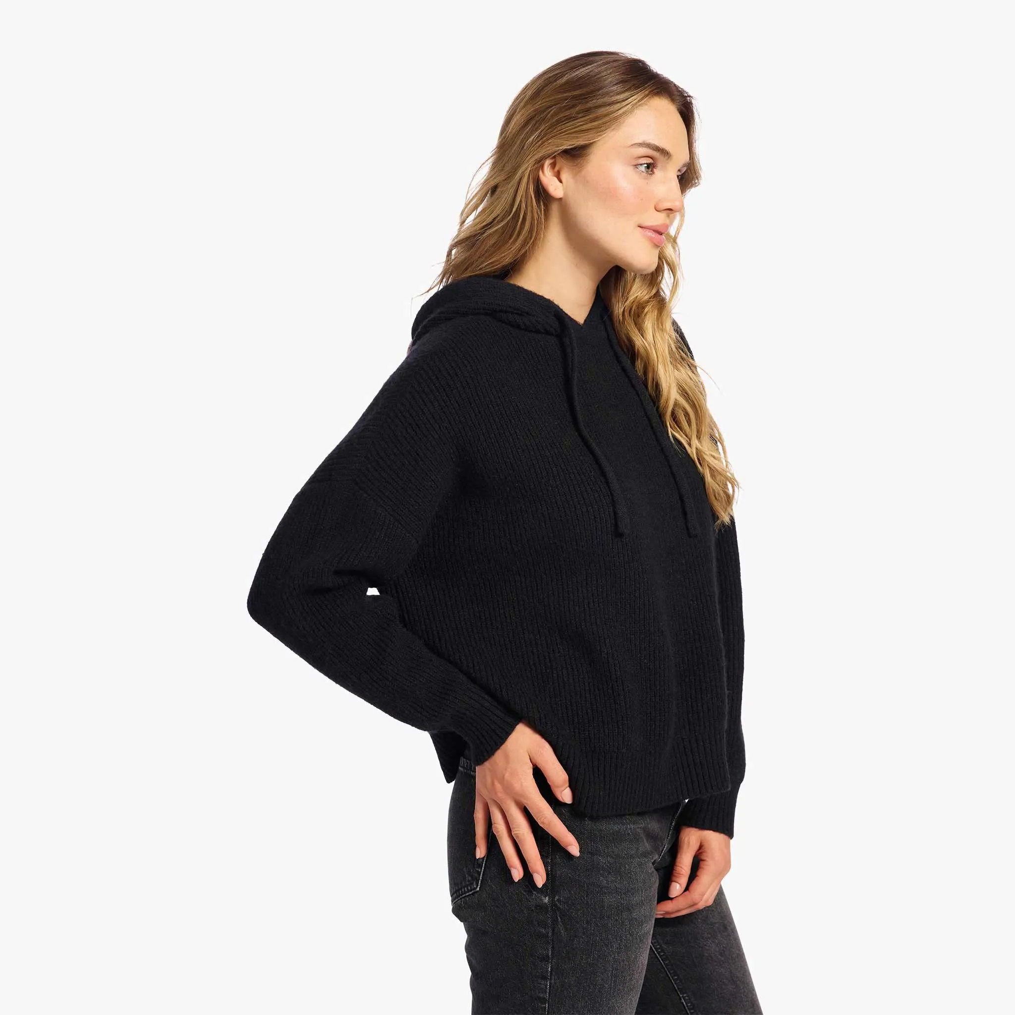Cozy Knit Ribbed Sweater Hoodie | Black sold by nuuds product image thumbnail 3