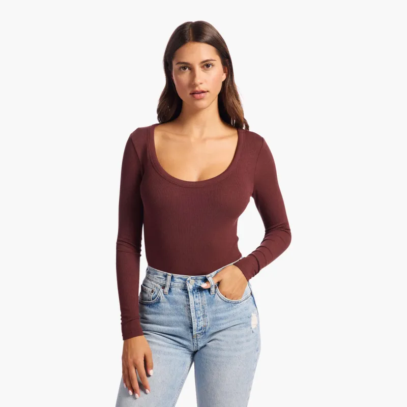 Slinky Rib Long Sleeve Bodysuit | Black Cherry sold by nuuds