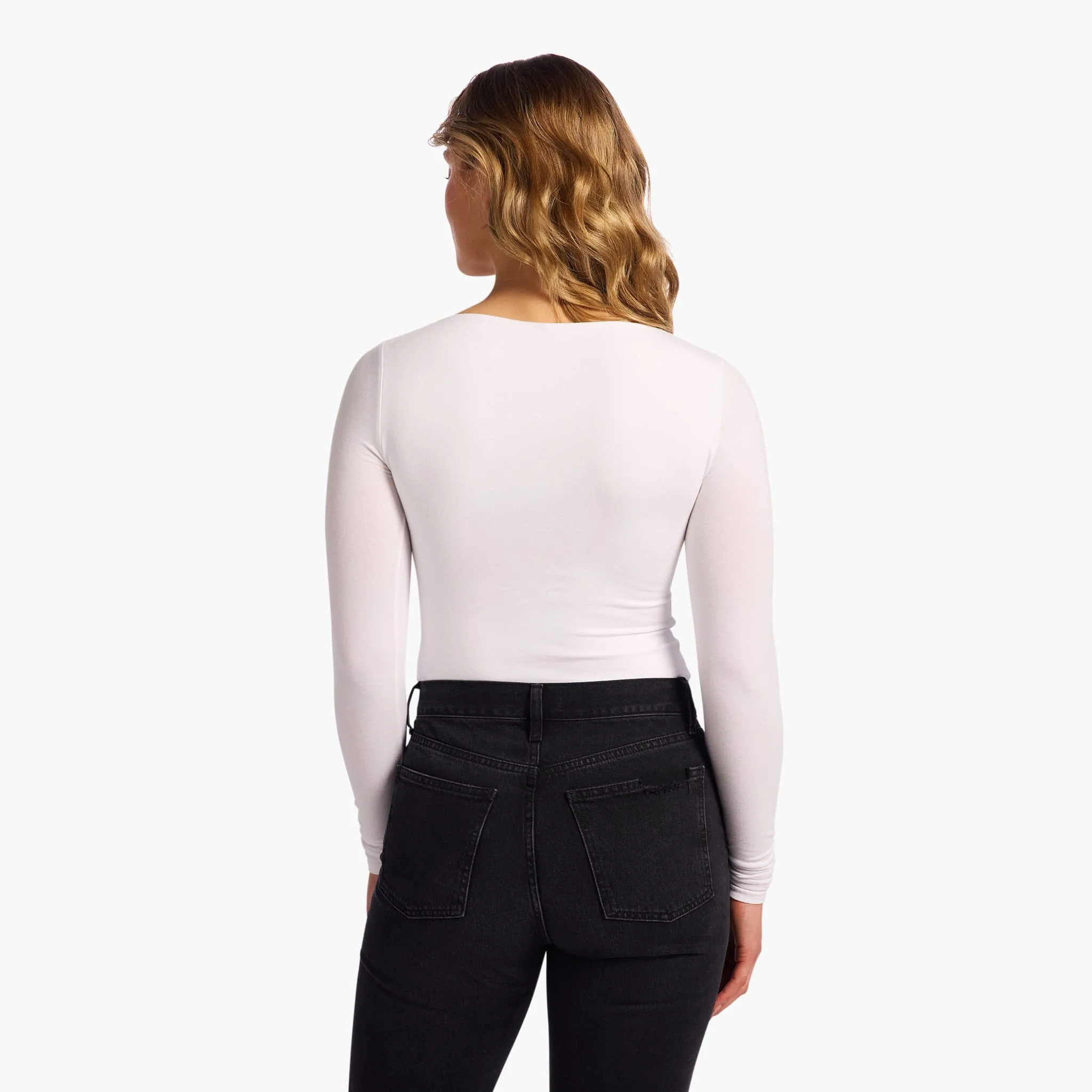Cotton Stretch Long Sleeve Square Neck Bodysuit | White sold by nuuds product image thumbnail 4