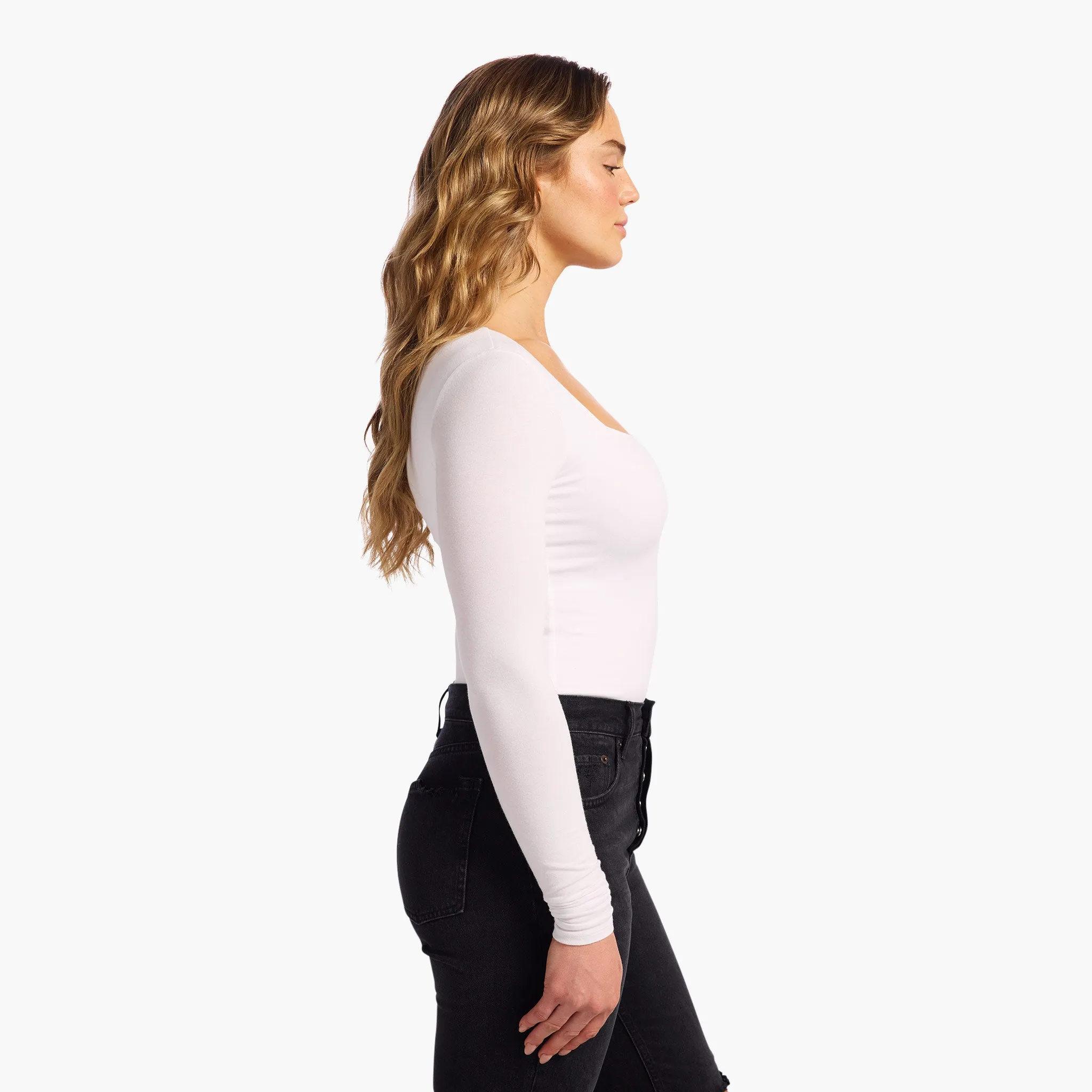Cotton Stretch Long Sleeve Square Neck Bodysuit | White sold by nuuds product image thumbnail 3
