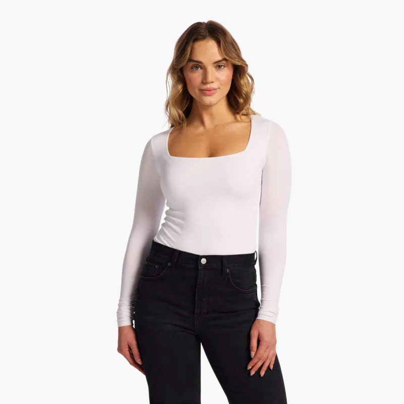 Cotton Stretch Long Sleeve Square Neck Bodysuit | White sold by nuuds