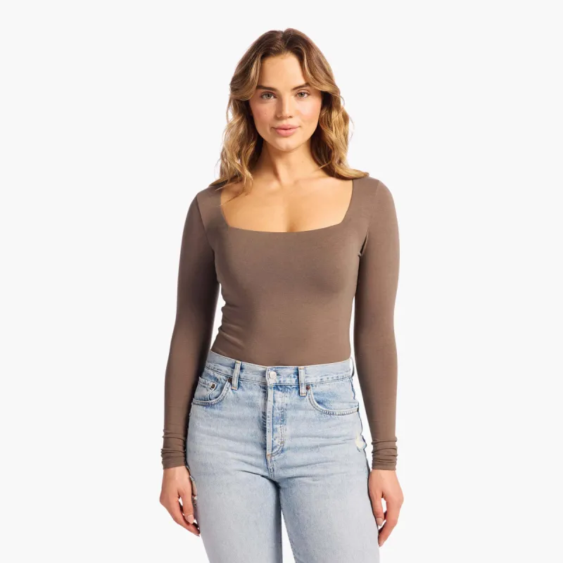 Cotton Stretch Long Sleeve Square Neck Bodysuit | Mocha sold by nuuds