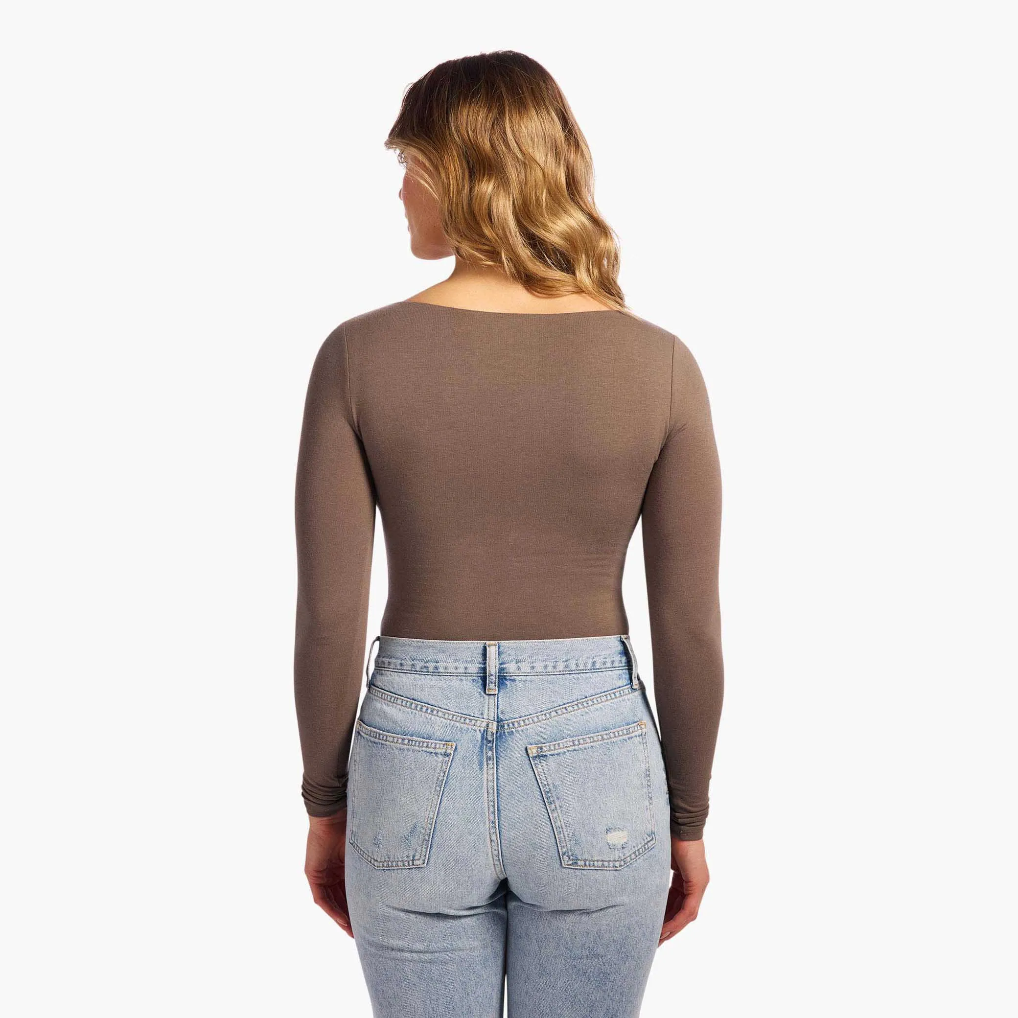 Cotton Stretch Long Sleeve Square Neck Bodysuit | Mocha sold by nuuds product image thumbnail 4