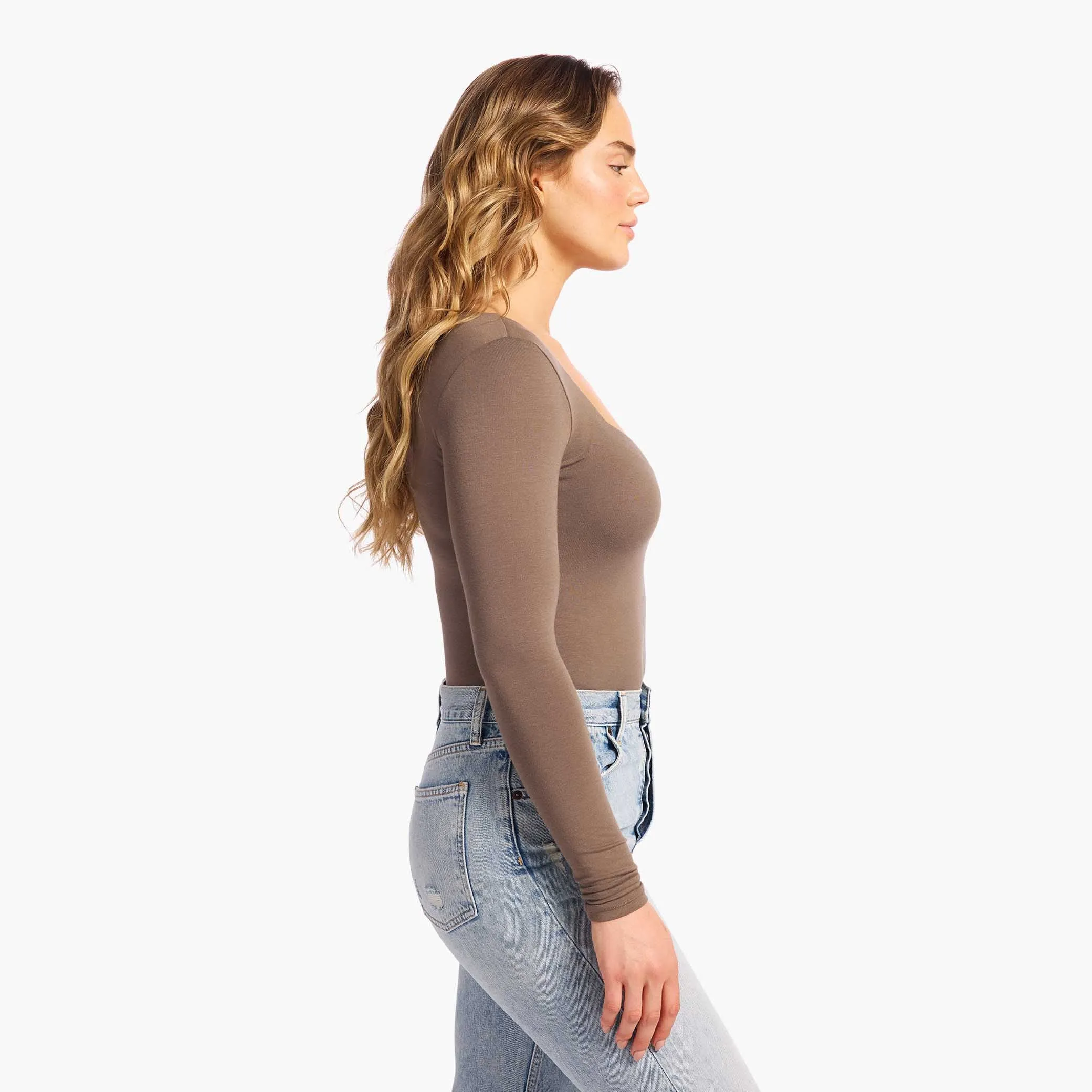 Cotton Stretch Long Sleeve Square Neck Bodysuit | Mocha sold by nuuds product image thumbnail 3