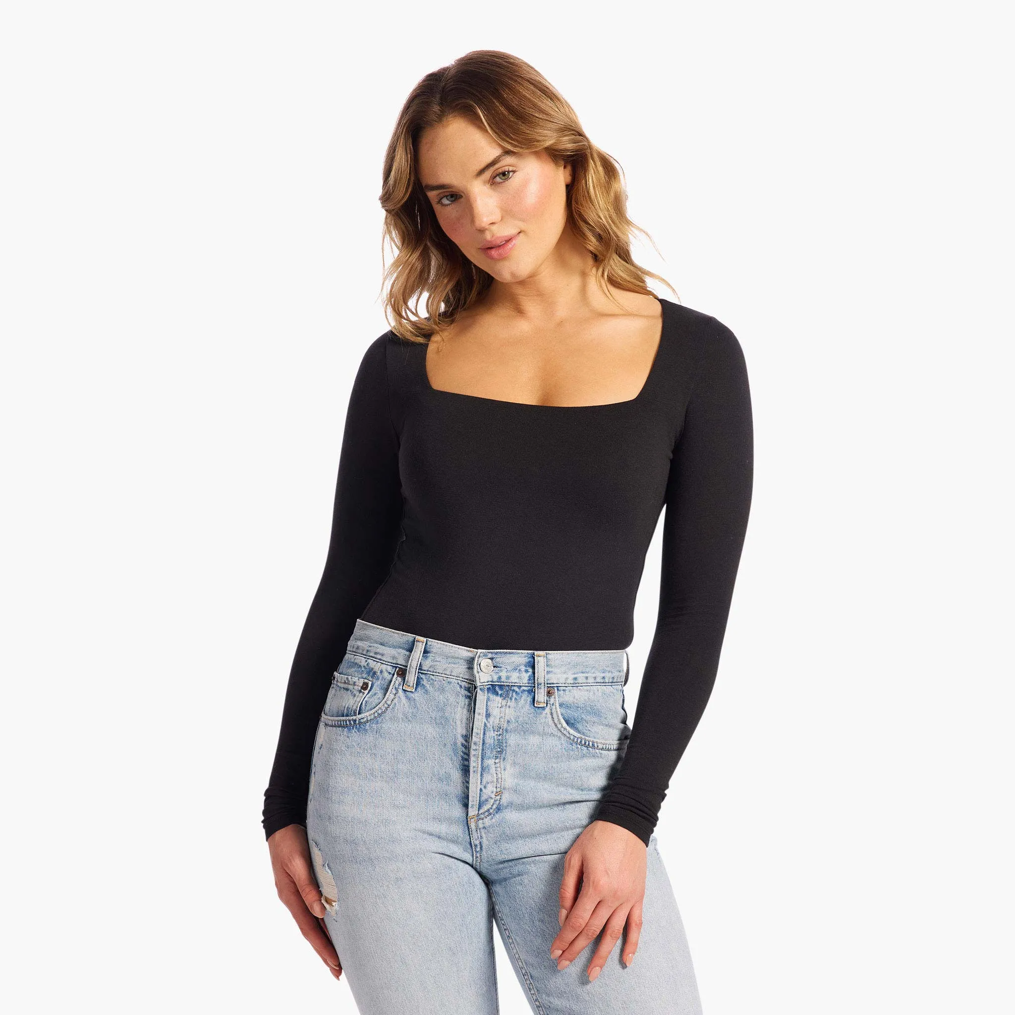 Cotton Stretch Long Sleeve Square Neck Bodysuit | Black sold by nuuds