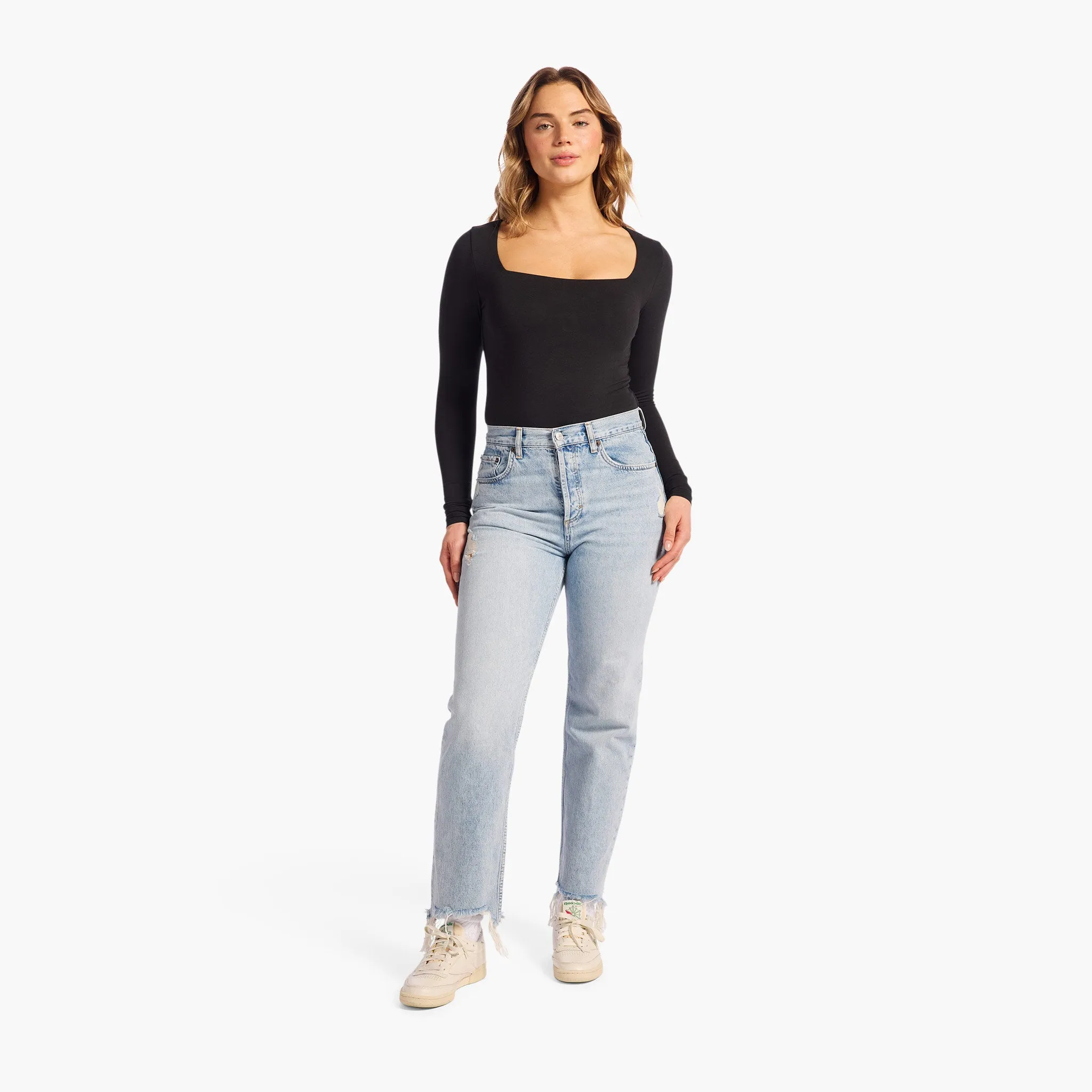 Cotton Stretch Long Sleeve Square Neck Bodysuit | Black sold by nuuds product image thumbnail 2