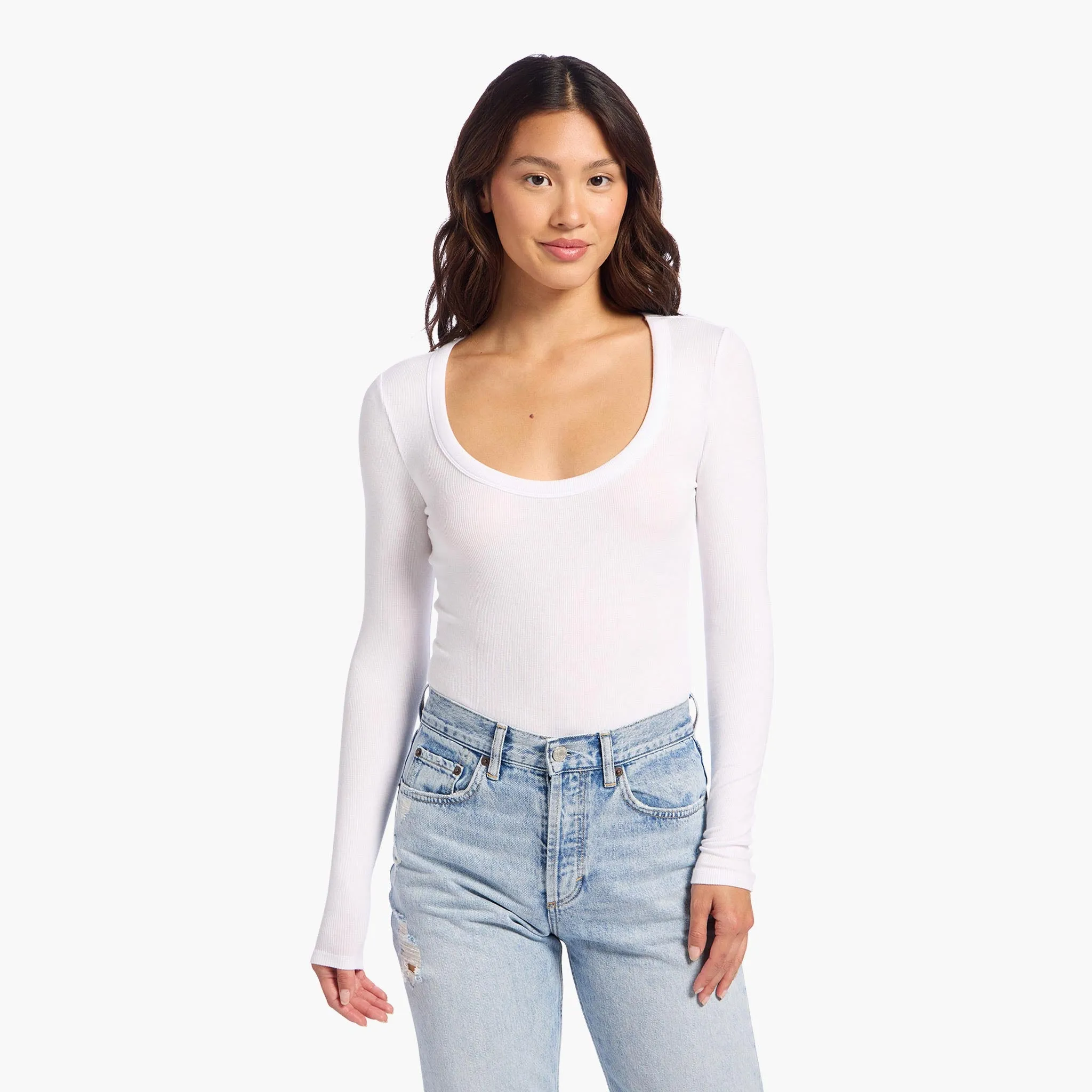 Slinky Rib Long Sleeve Bodysuit | White sold by nuuds