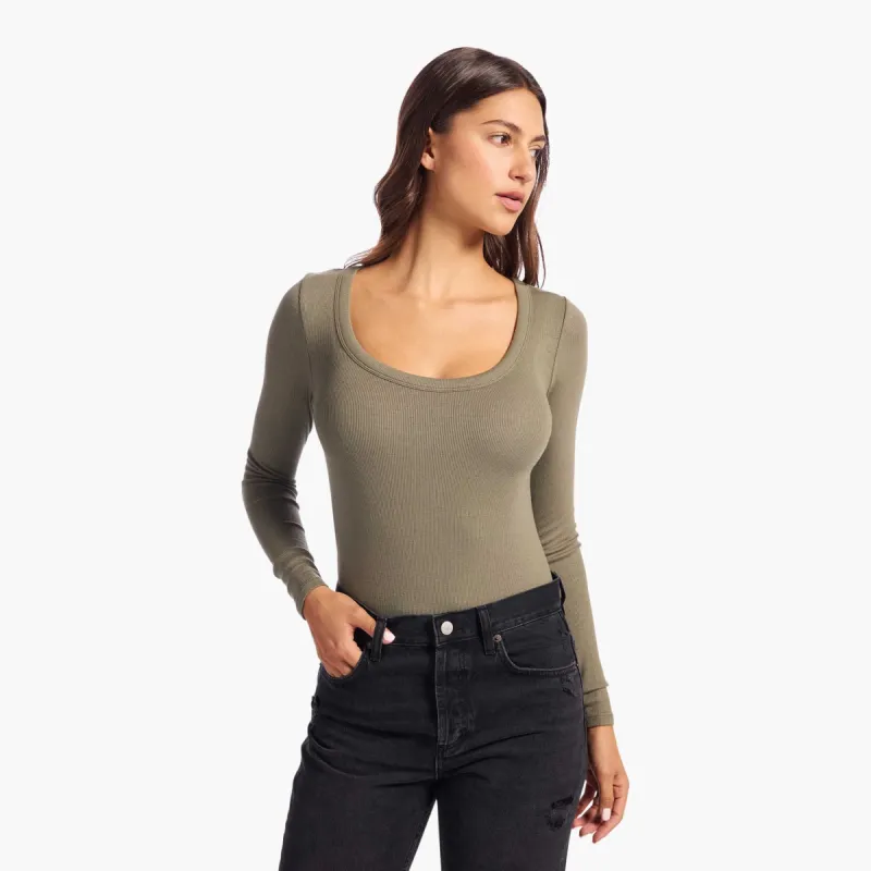 Slinky Rib Long Sleeve Bodysuit | Olive sold by nuuds