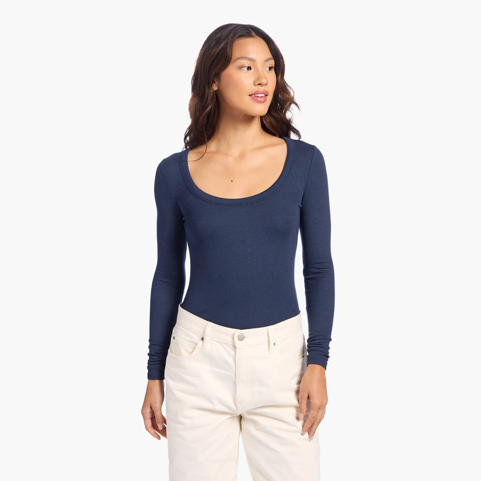 Slinky Rib Long Sleeve Bodysuit | Navy sold by nuuds