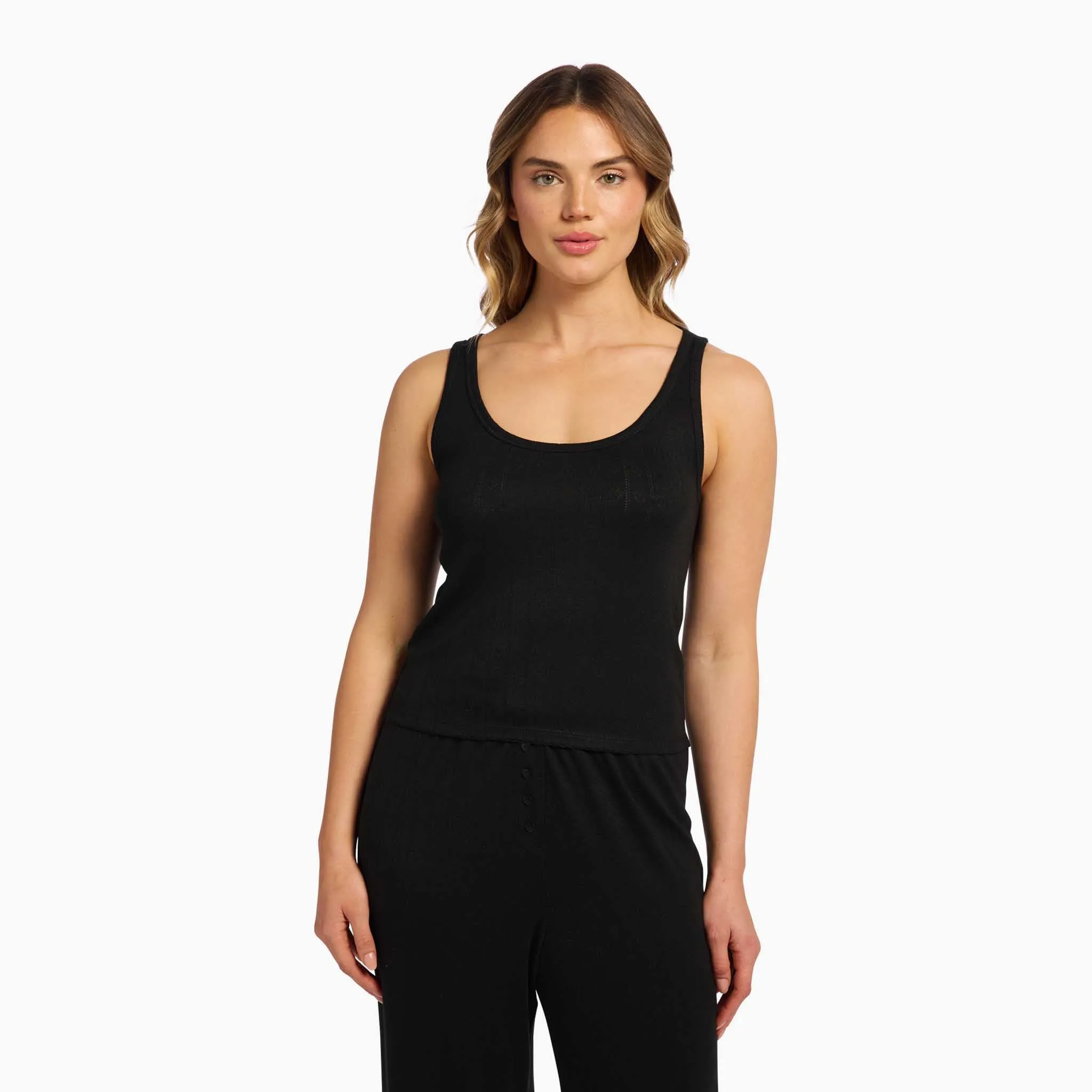 Heart Pointelle Scoop Tank | Black sold by nuuds