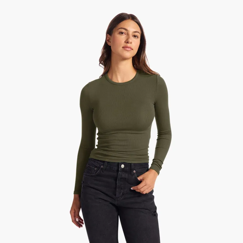 Slinky Rib Long Sleeve Shirt | Darkest Olive sold by nuuds