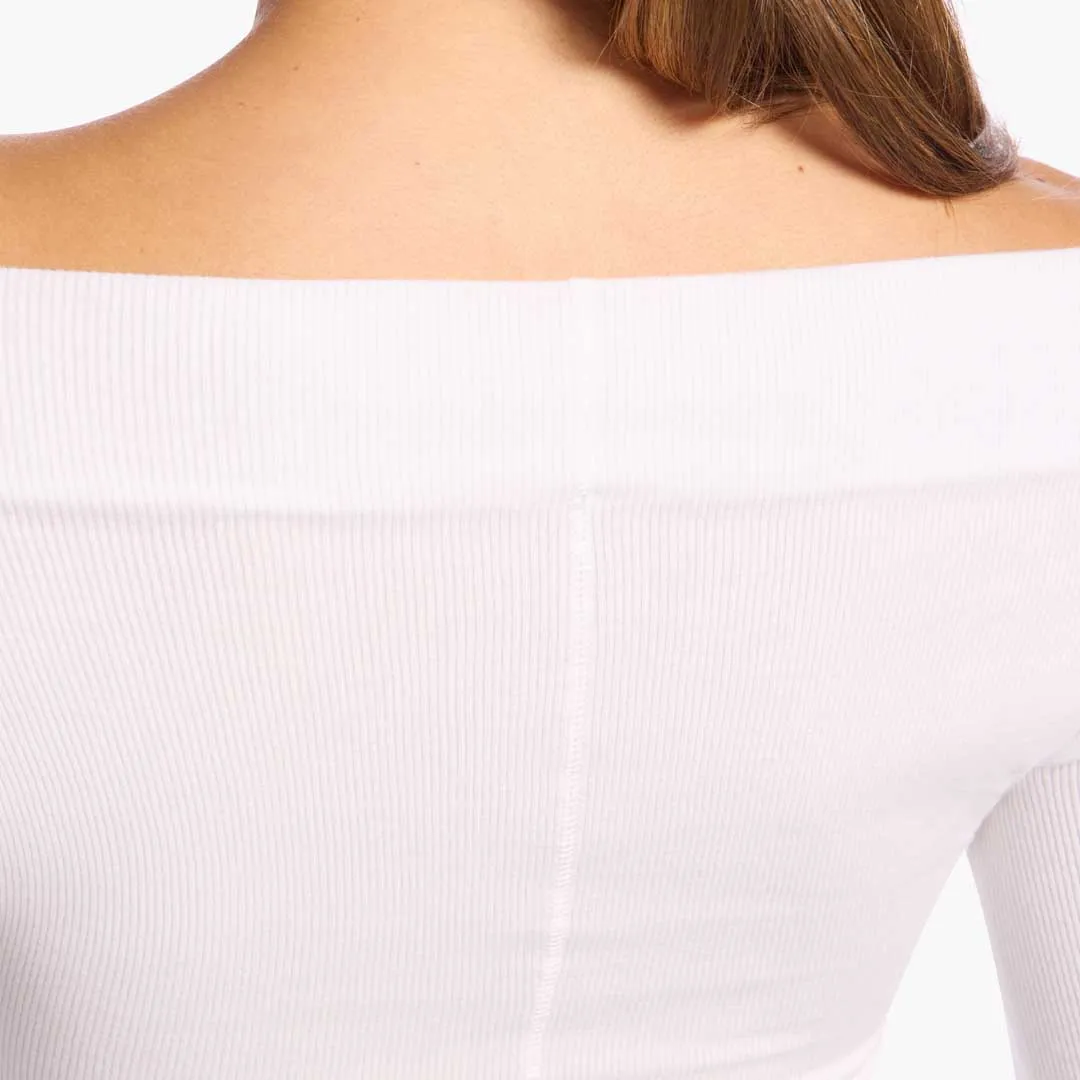 Slinky Rib Off-The-Shoulder Shirt | White sold by nuuds product image thumbnail 5
