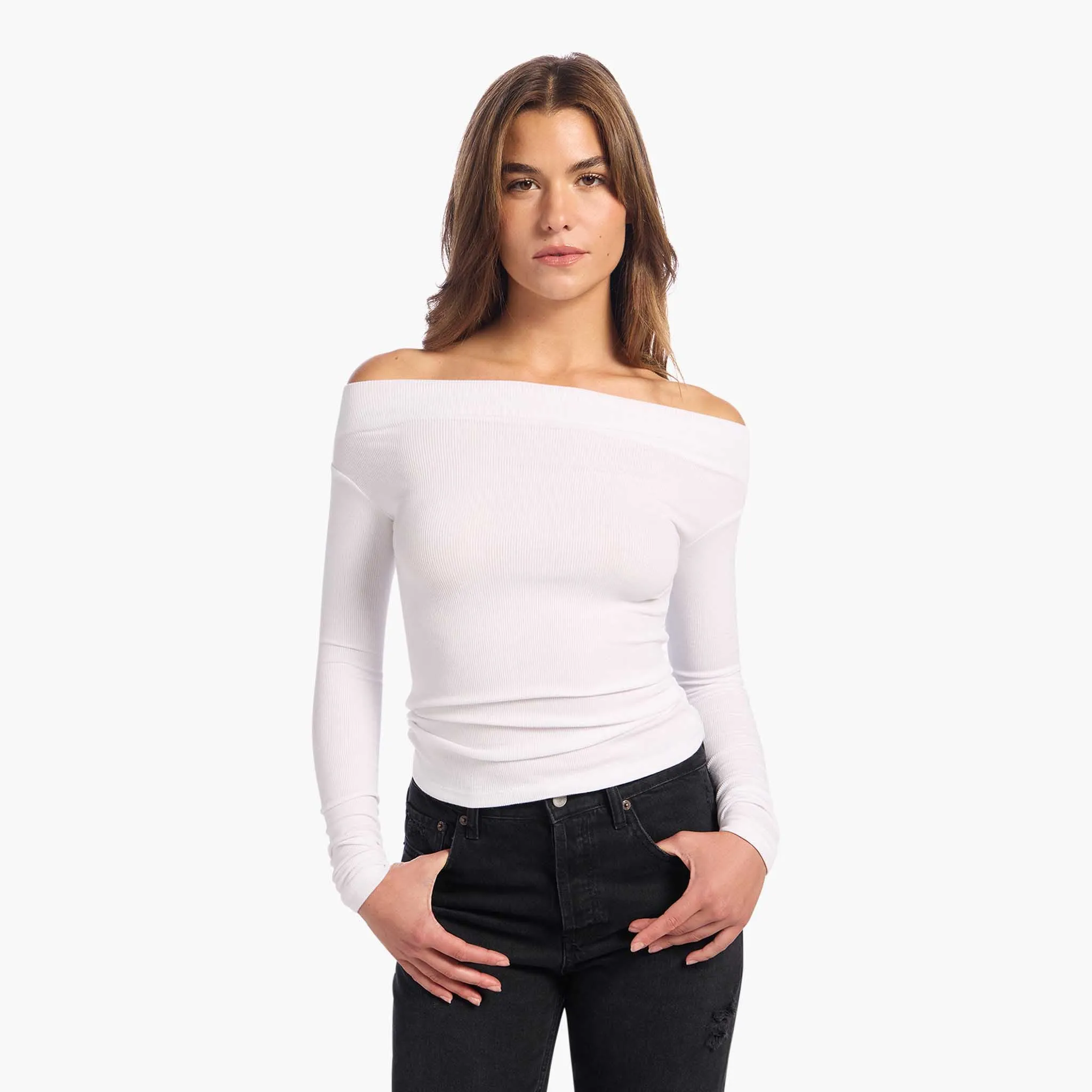 Slinky Rib Off-The-Shoulder Shirt | White sold by nuuds
