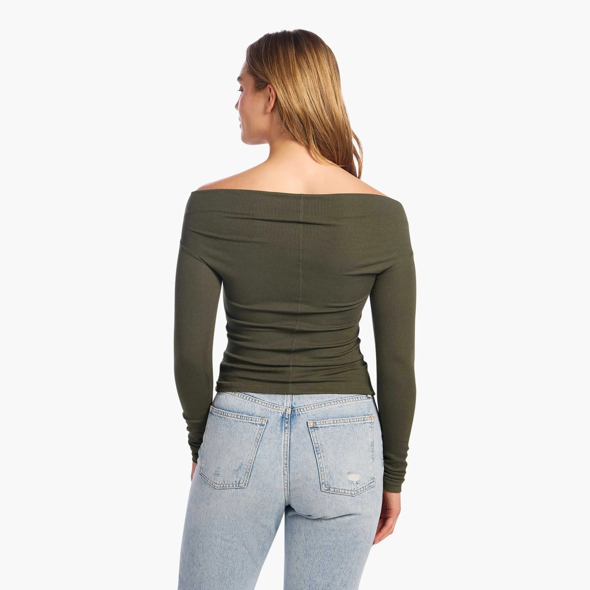 Slinky Rib Off-The-Shoulder Shirt | Darkest Olive sold by nuuds product image thumbnail 4