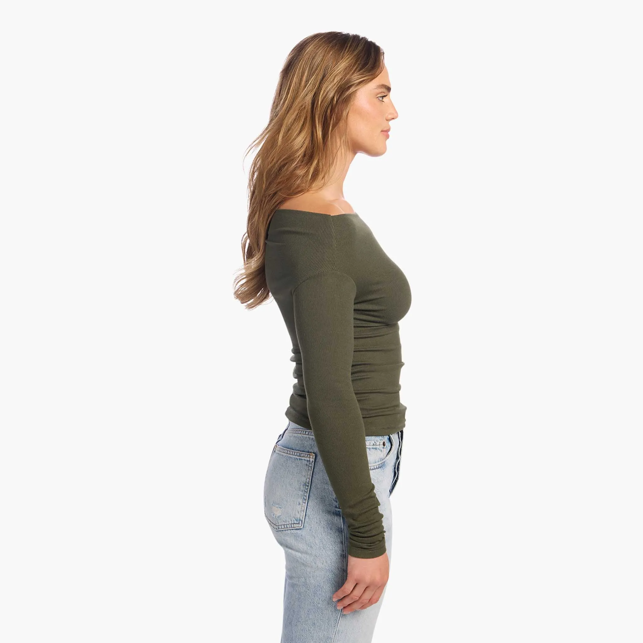 Slinky Rib Off-The-Shoulder Shirt | Darkest Olive sold by nuuds product image thumbnail 3