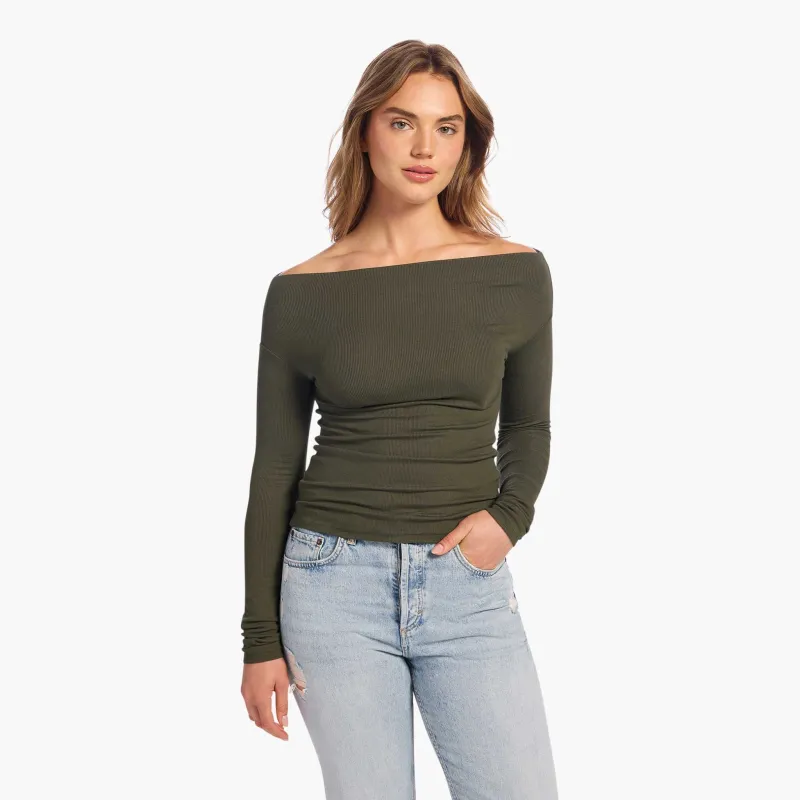 Slinky Rib Off-The-Shoulder Shirt | Darkest Olive sold by nuuds