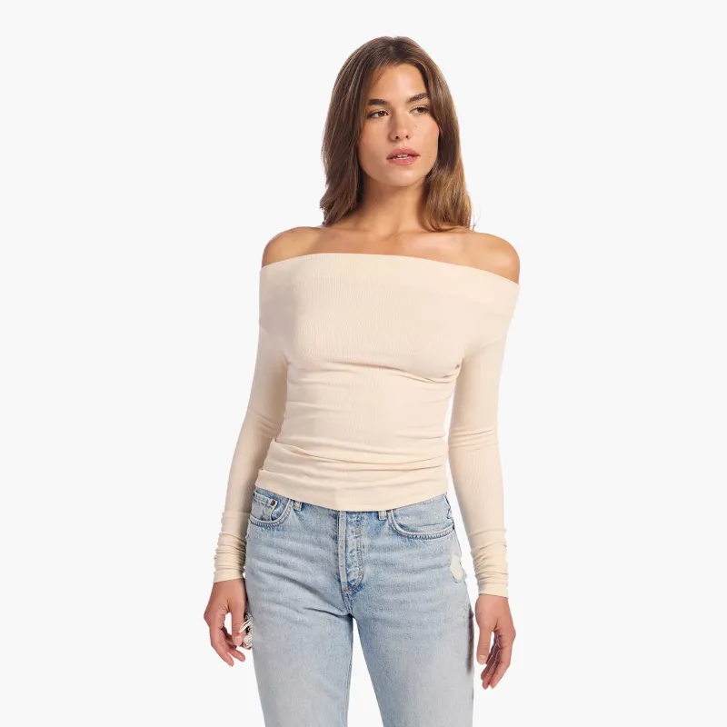 Slinky Rib Off-The-Shoulder Shirt | Bone sold by nuuds