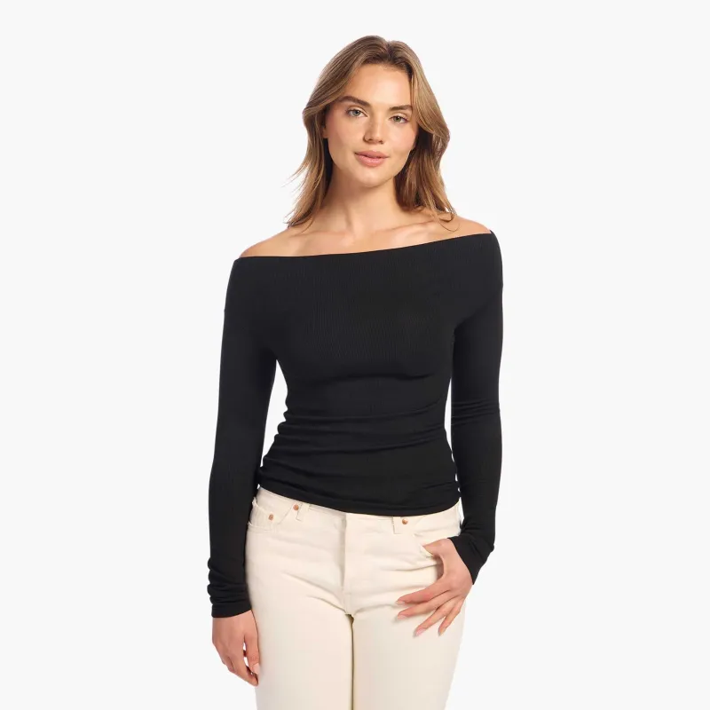 Slinky Rib Off-The-Shoulder Shirt | Black sold by nuuds