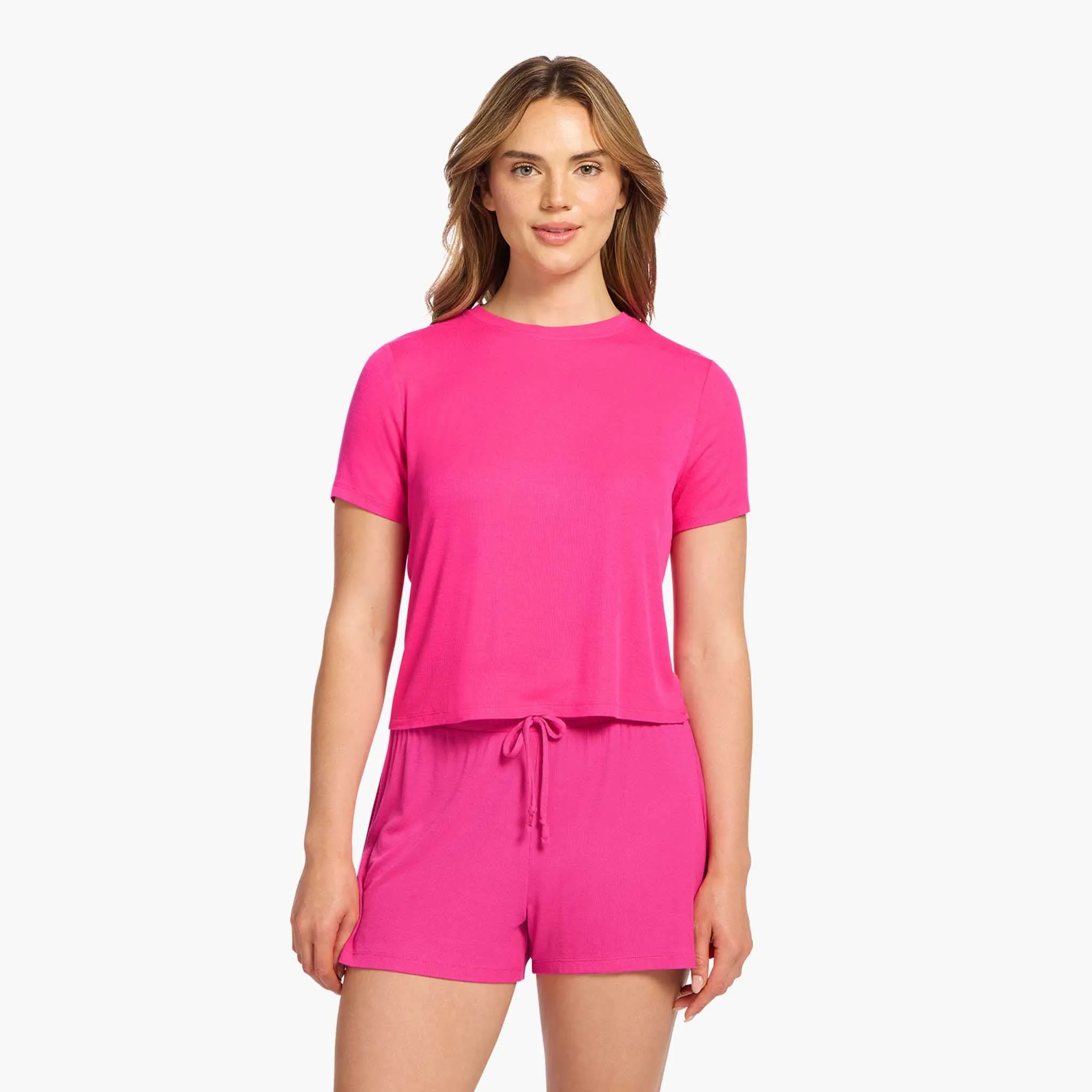 Ribbed Pajama Short Set | Fuchsia sold by nuuds