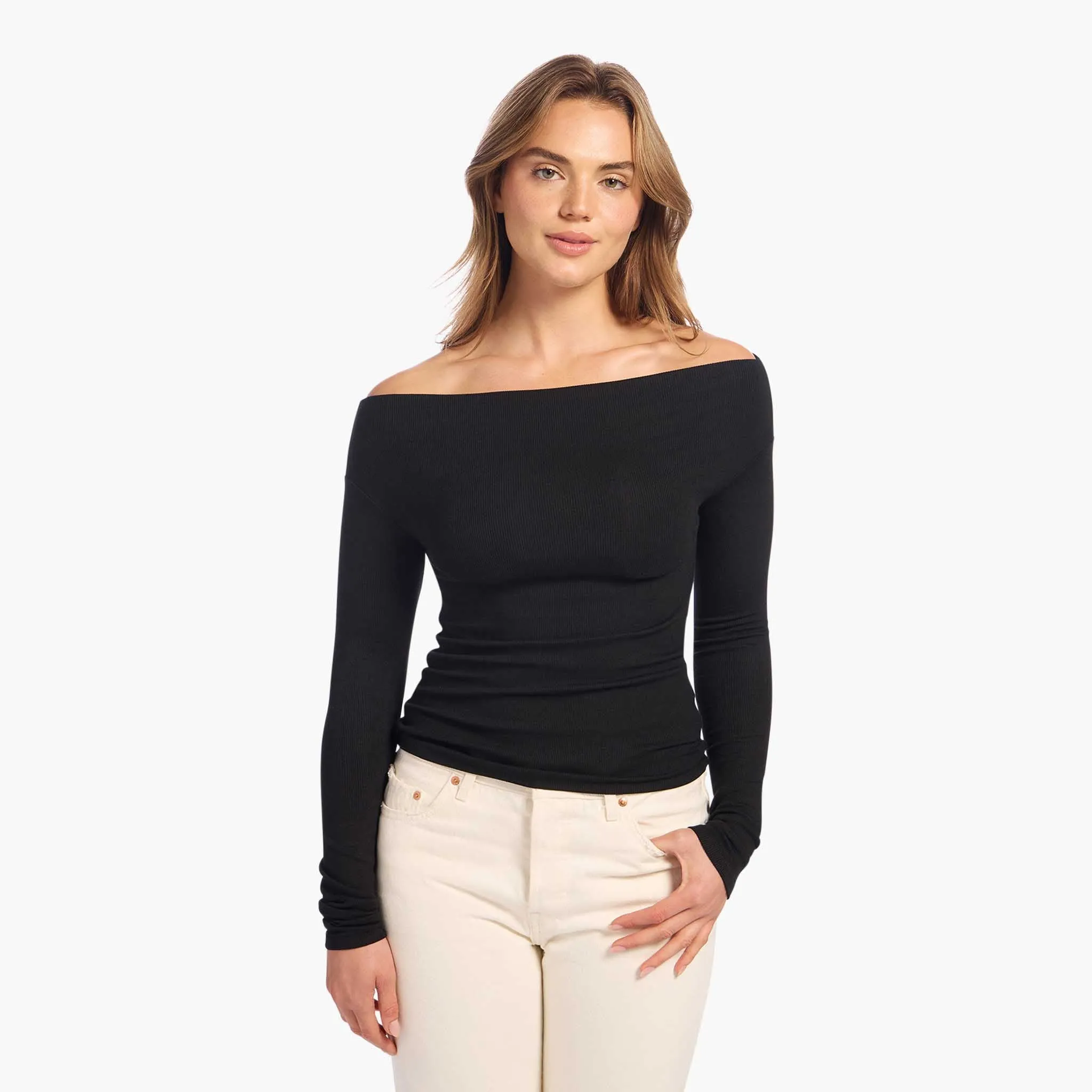 Slinky Rib Off-The-Shoulder Shirt sold by nuuds product image thumbnail 4