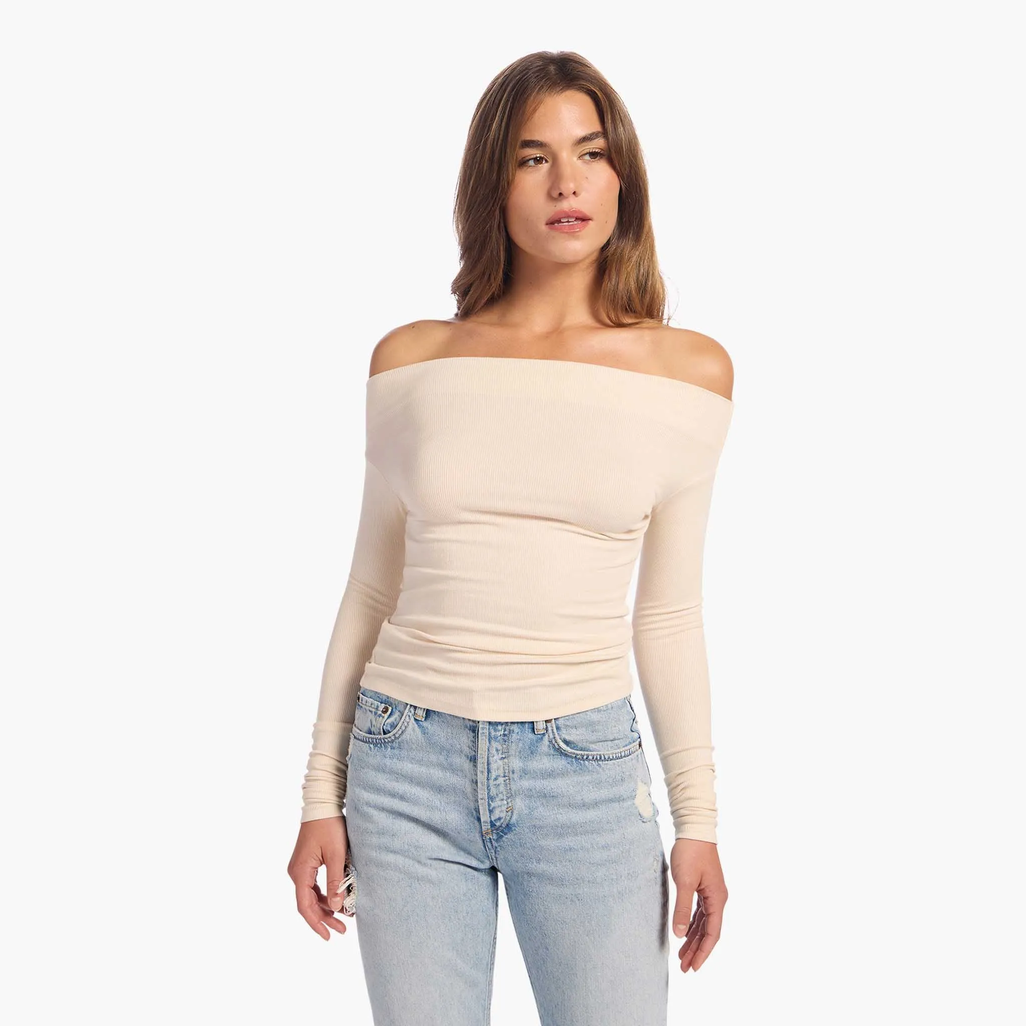 Slinky Rib Off-The-Shoulder Shirt sold by nuuds product image thumbnail 2