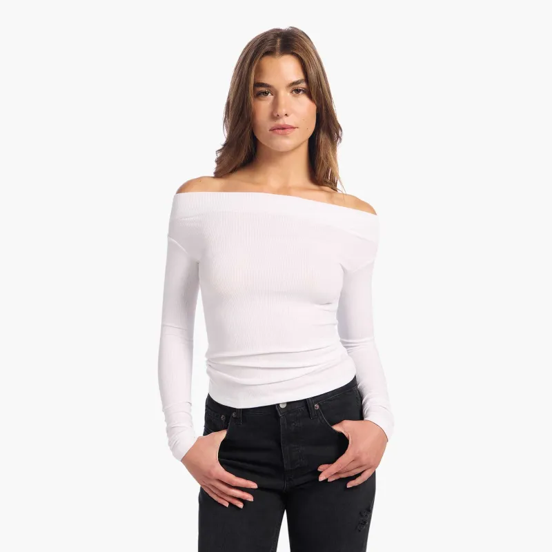 Slinky Rib Off-The-Shoulder Shirt sold by nuuds