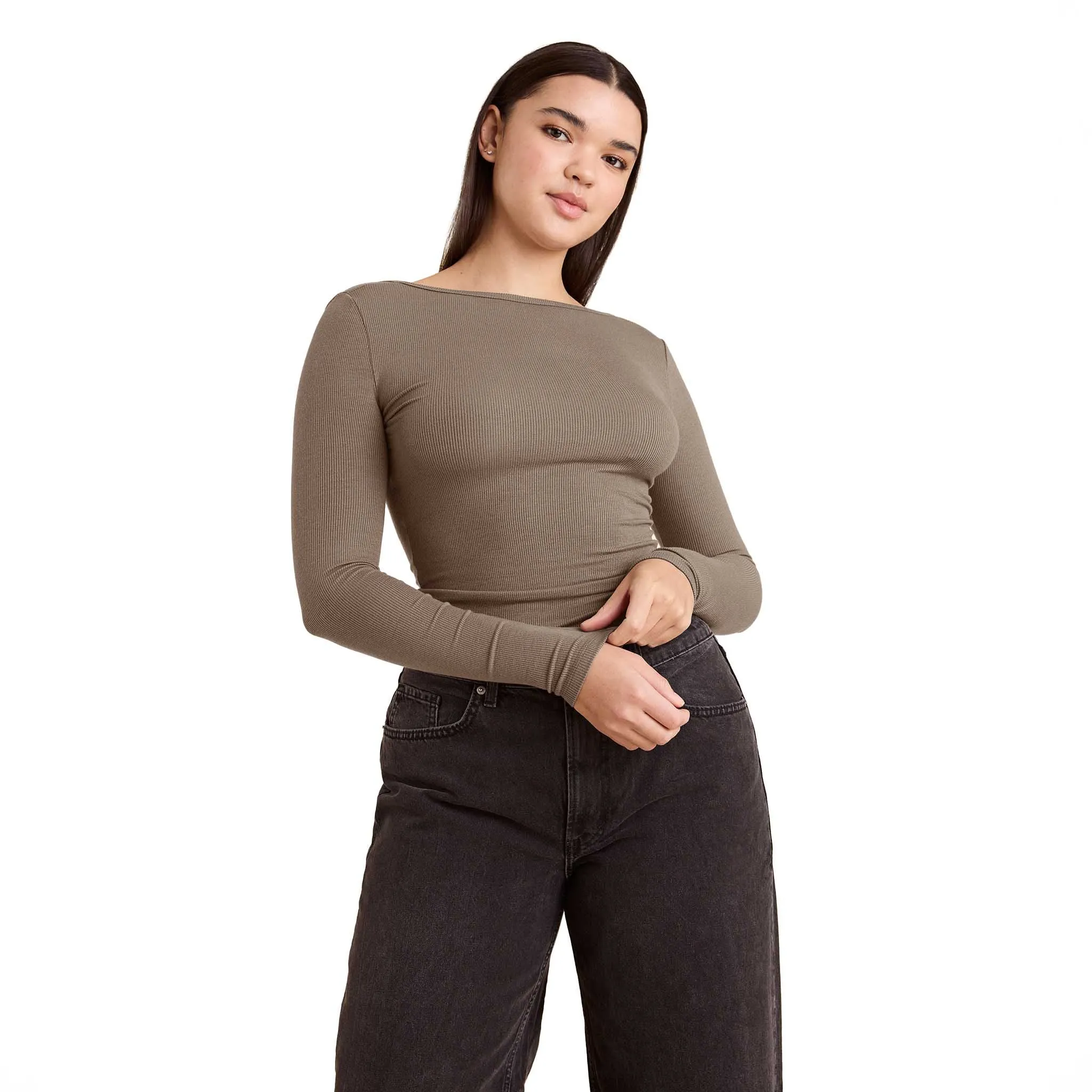 Slinky Rib Long Sleeve Open Back Shirt sold by nuuds product image thumbnail 3