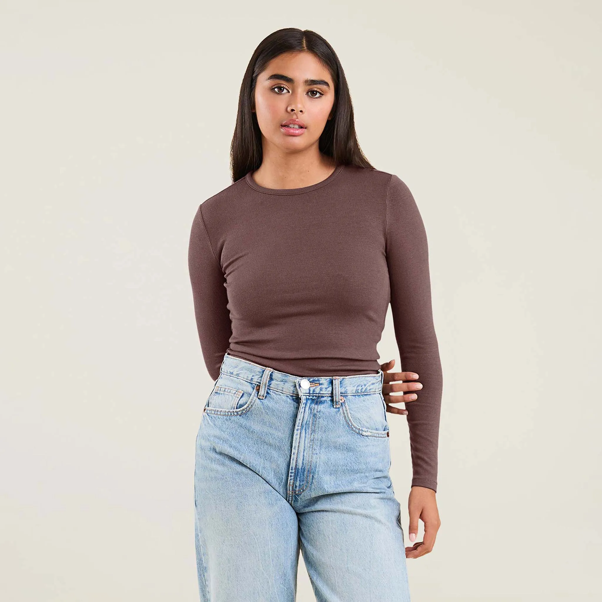 Slinky Rib Long Sleeve Shirt | Coffee sold by nuuds