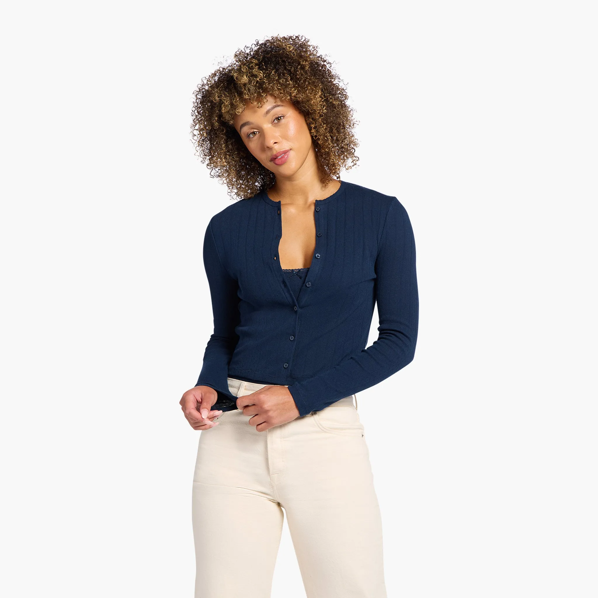 Pointelle Cardigan | Navy sold by nuuds