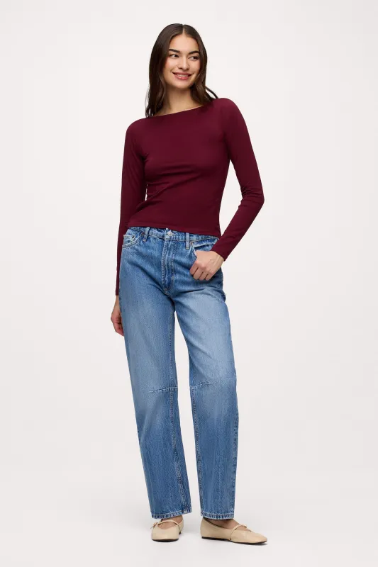 Slinky Jersey Boat Neck Long Sleeve Shirt | Crimson sold by nuuds