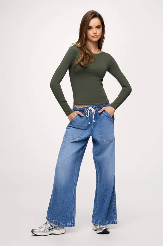 Slinky Jersey Boat Neck Long Sleeve Shirt | Darkest Olive sold by nuuds