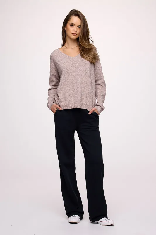 Cozy Knit V-Neck Sweater | Heather Cocoa sold by nuuds