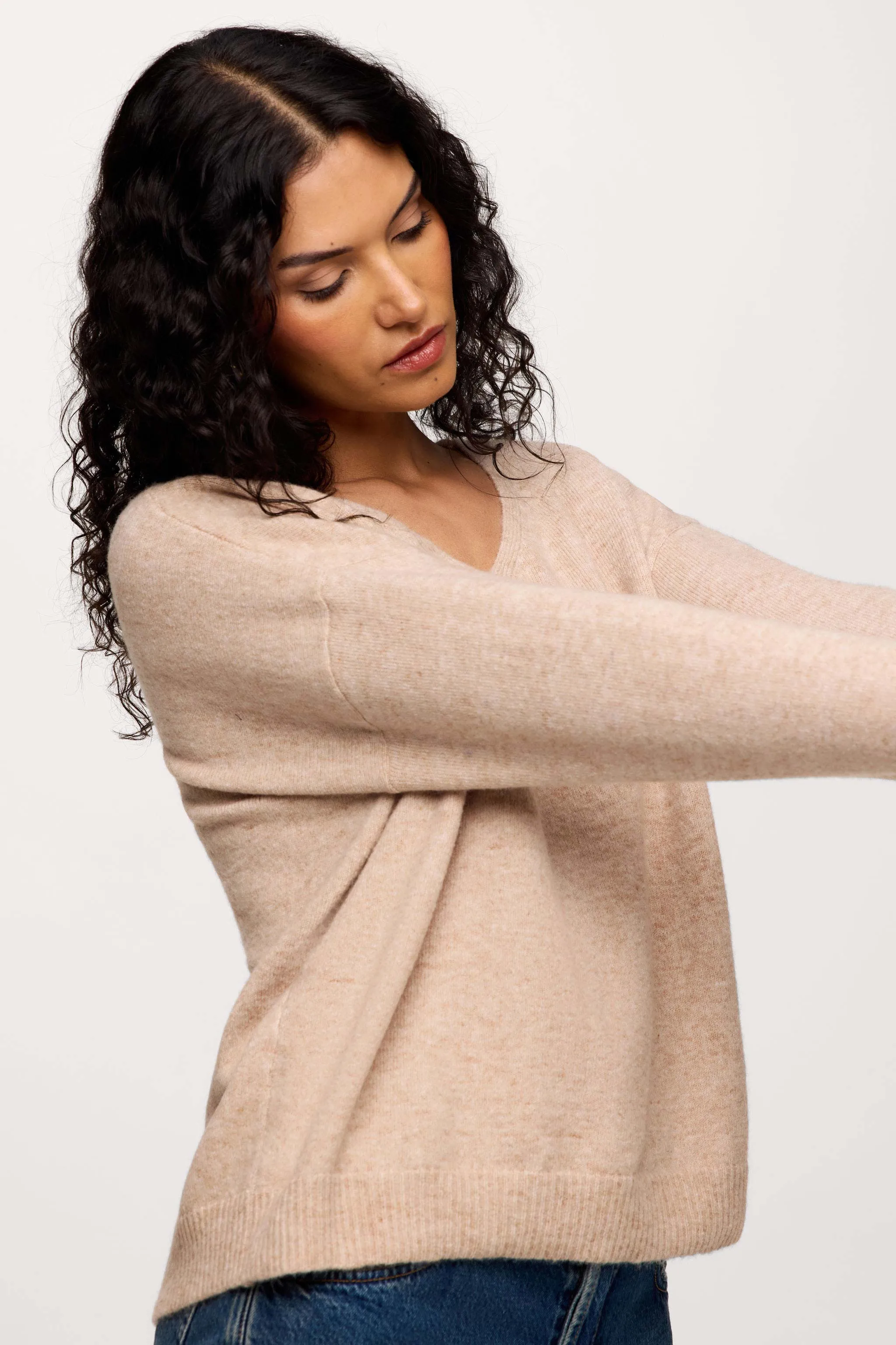 Cozy Knit V-Neck Sweater | Heather Oat sold by nuuds product image thumbnail 3