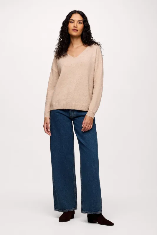 Cozy Knit V-Neck Sweater | Heather Oat sold by nuuds