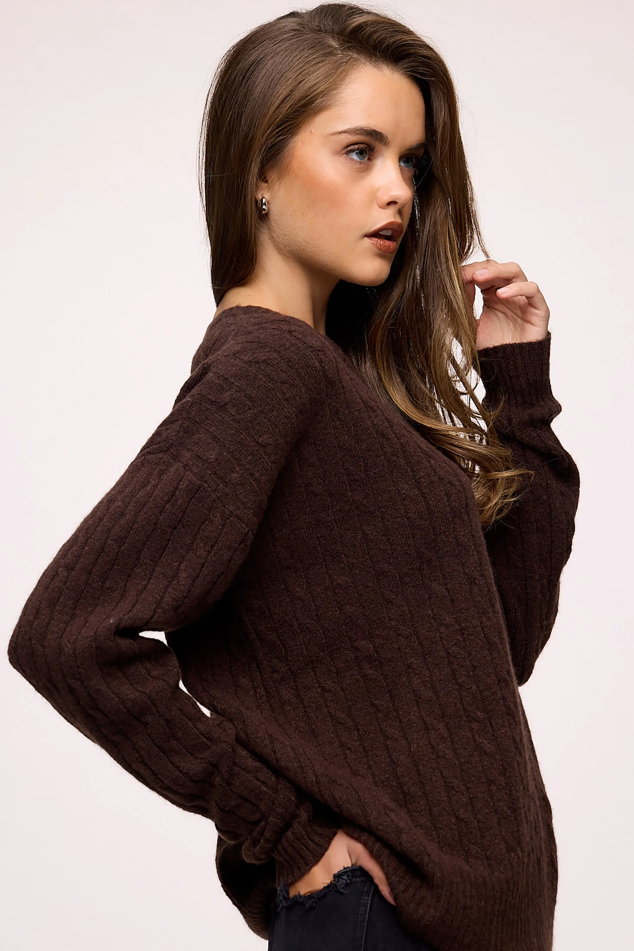 Cozy Knit Cable Crewneck Sweater | Heather Espresso sold by nuuds product image thumbnail 3