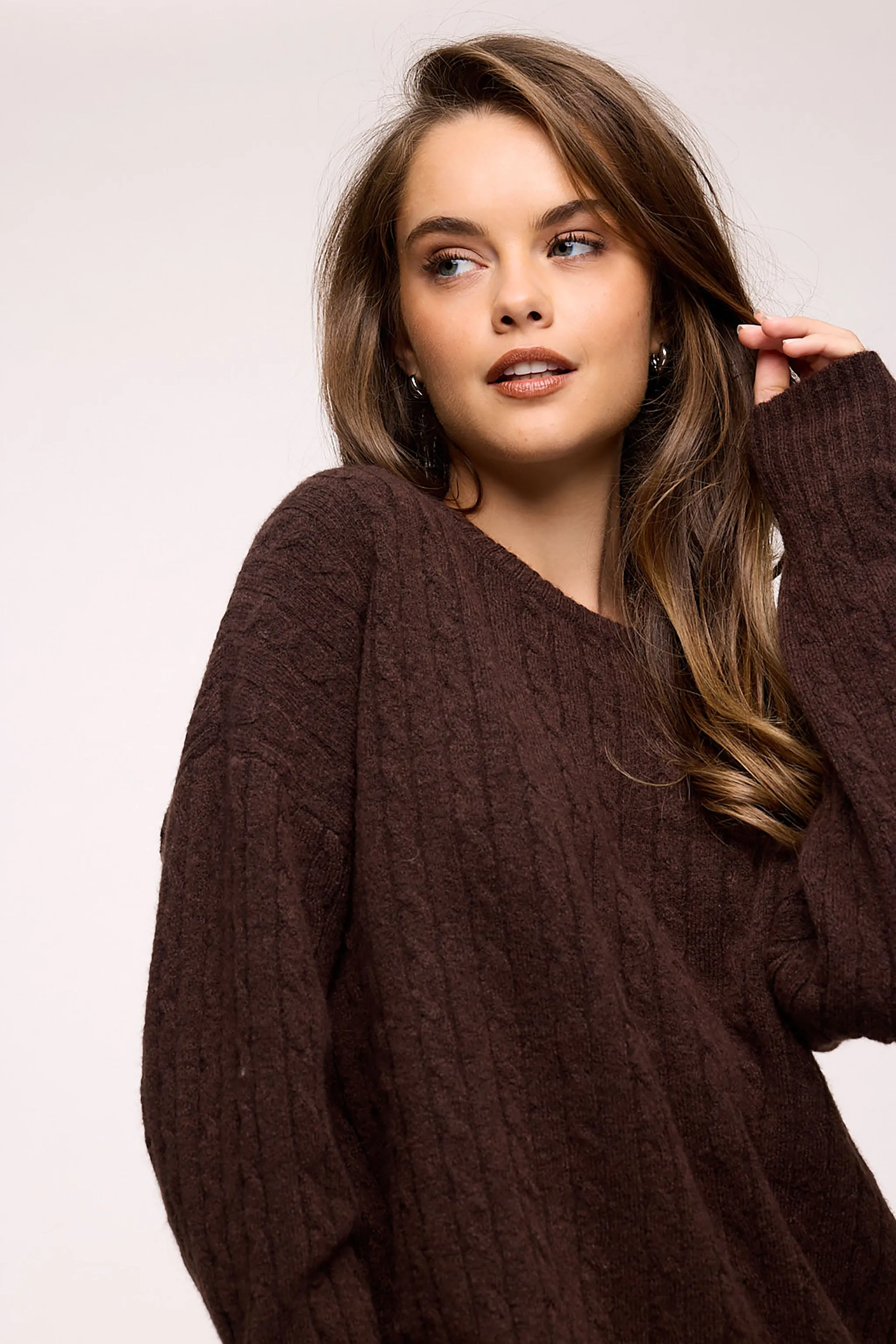 Cozy Knit Cable Crewneck Sweater | Heather Espresso sold by nuuds product image thumbnail 2
