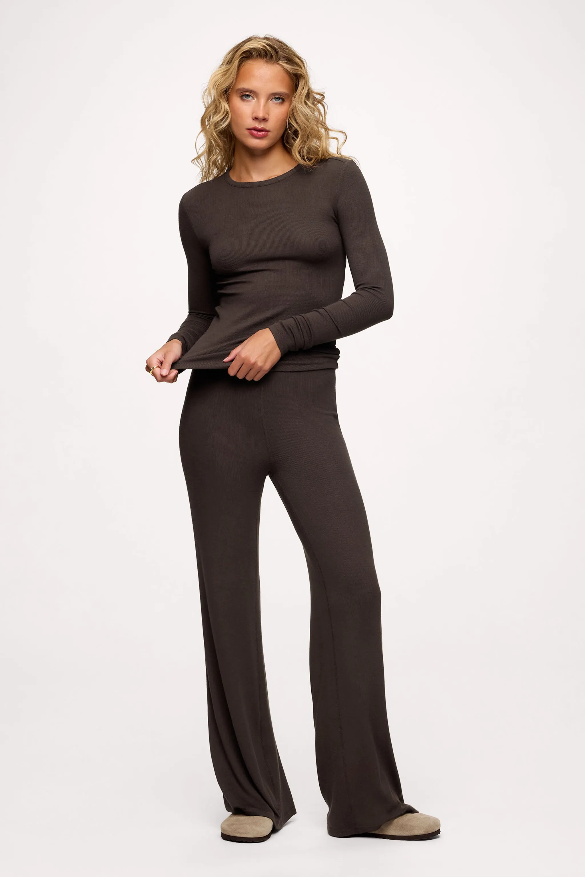 Slinky Rib Long Sleeve Shirt | Espresso sold by nuuds