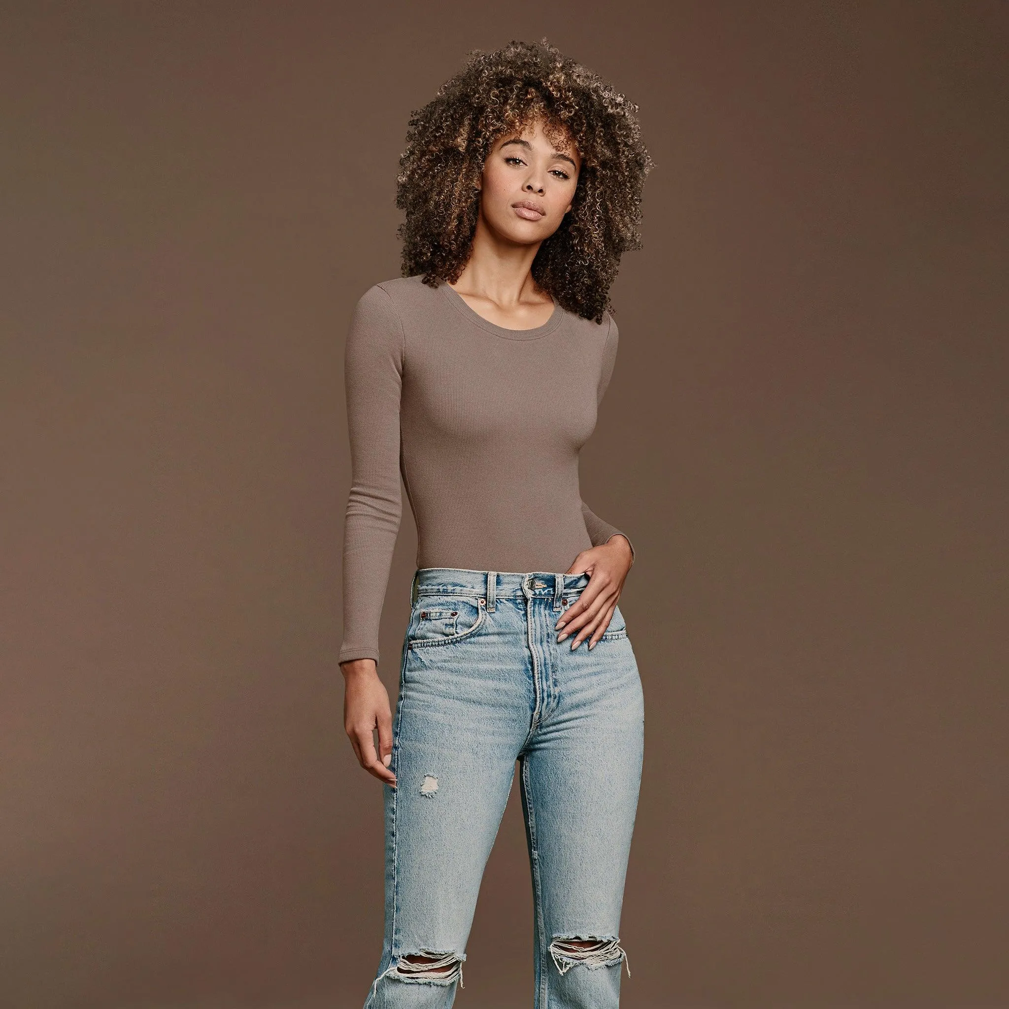 Long Sleeve Ribbed Crewneck Bodysuit | Mocha sold by nuuds product image thumbnail 2