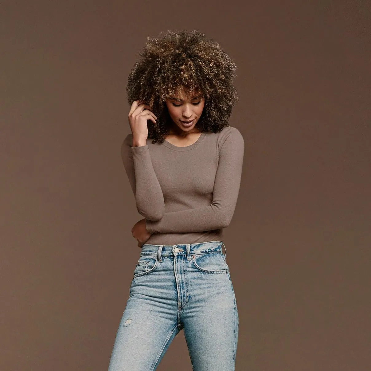 Long Sleeve Ribbed Crewneck Bodysuit | Mocha sold by nuuds