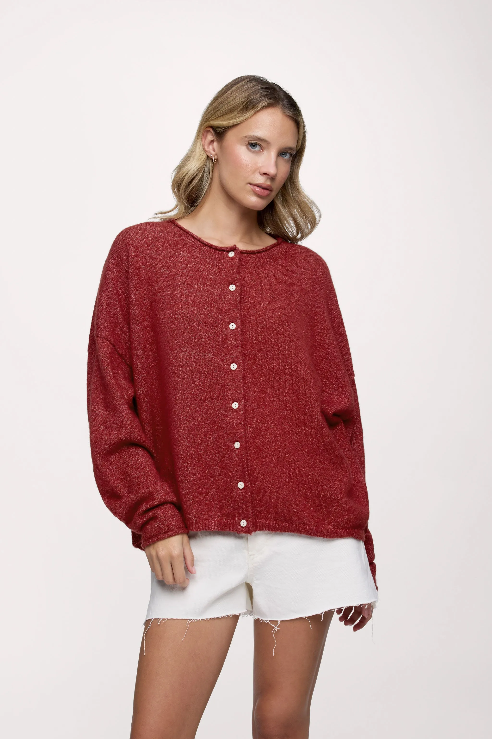 Cozy Knit Boxy Cardigan | Heather Scarlet sold by nuuds