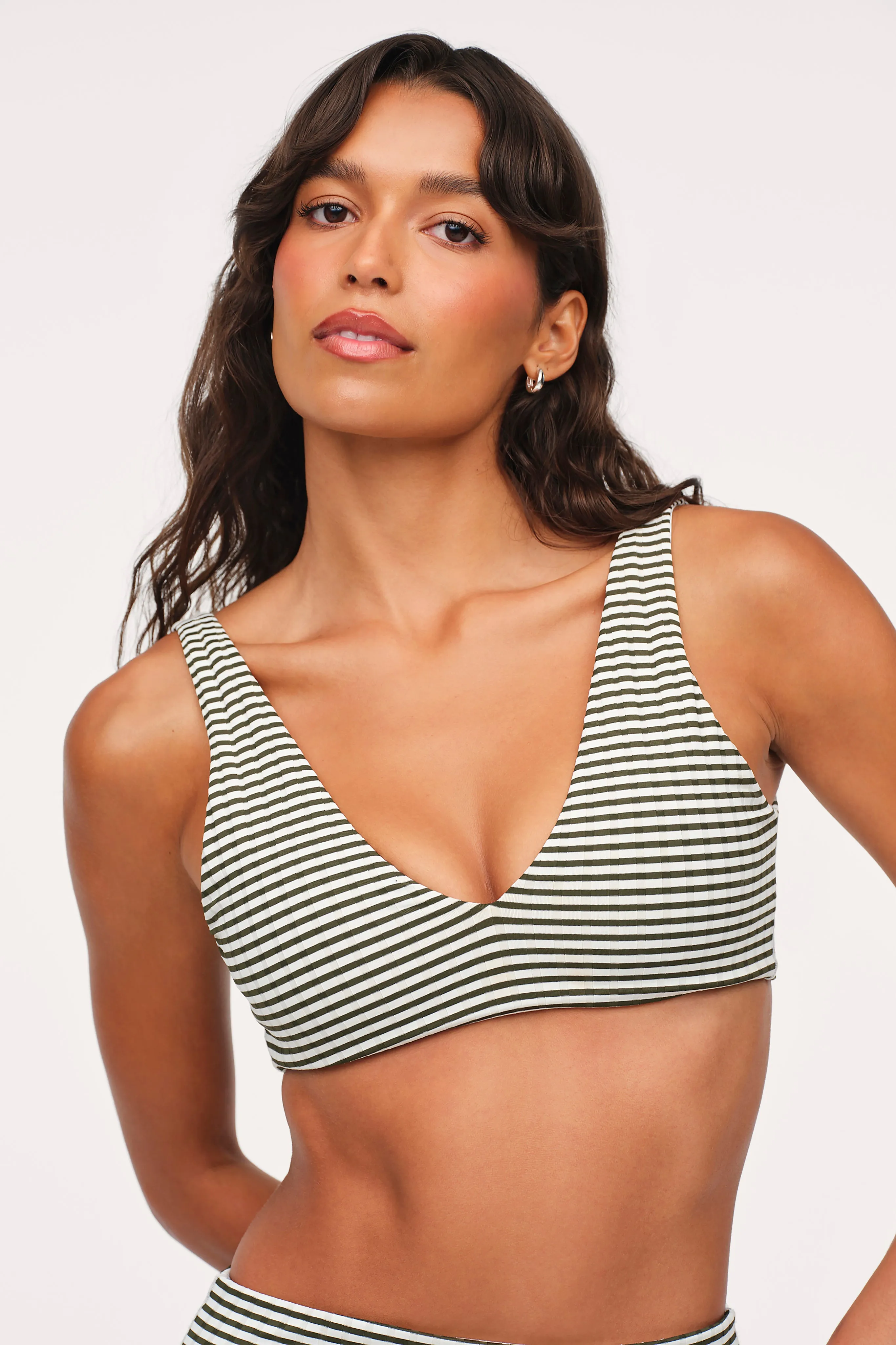 Plunge Bikini Top | Olive Stripe sold by nuuds