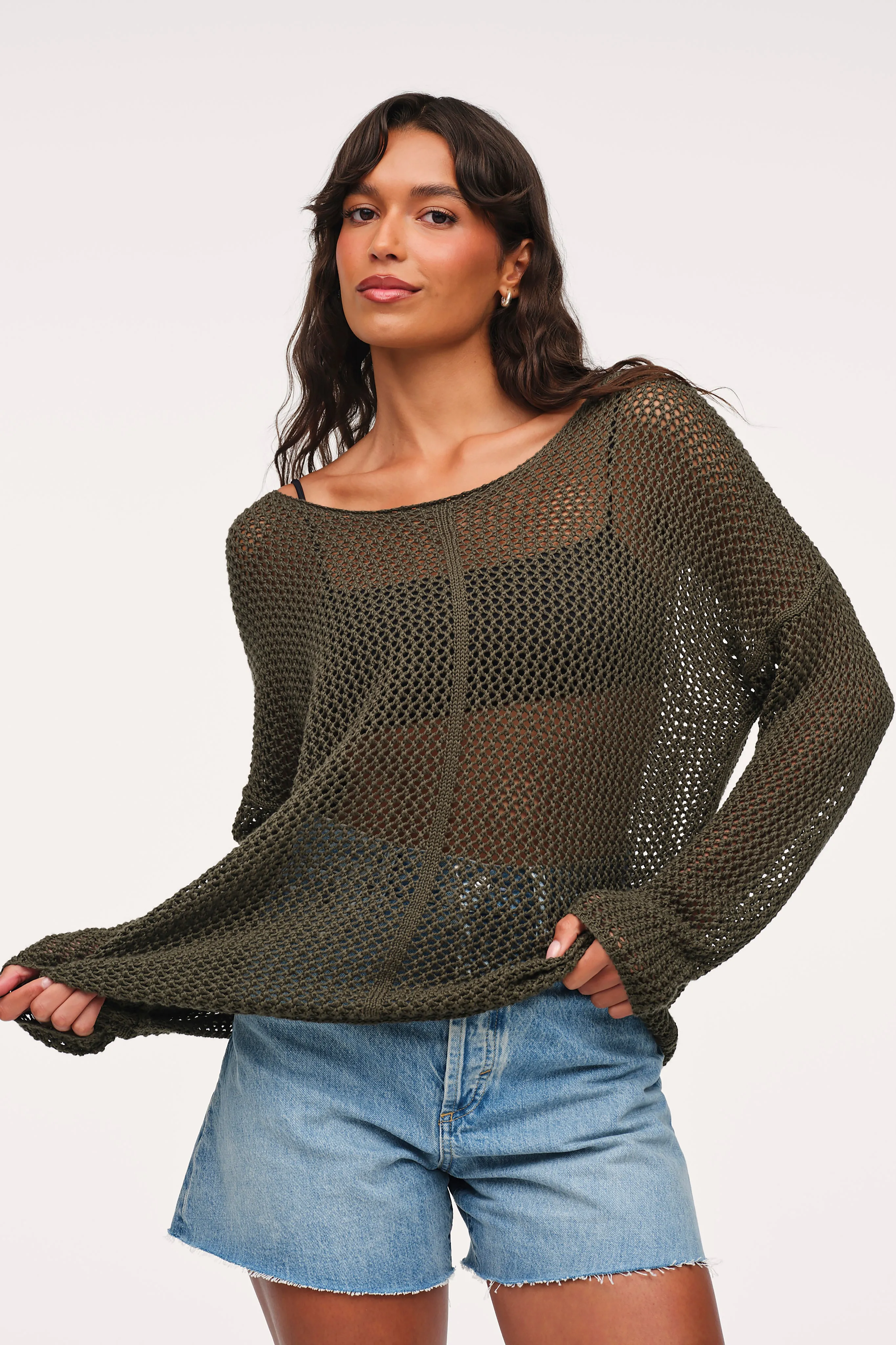 Open Knit Sweater | Darkest Olive sold by nuuds