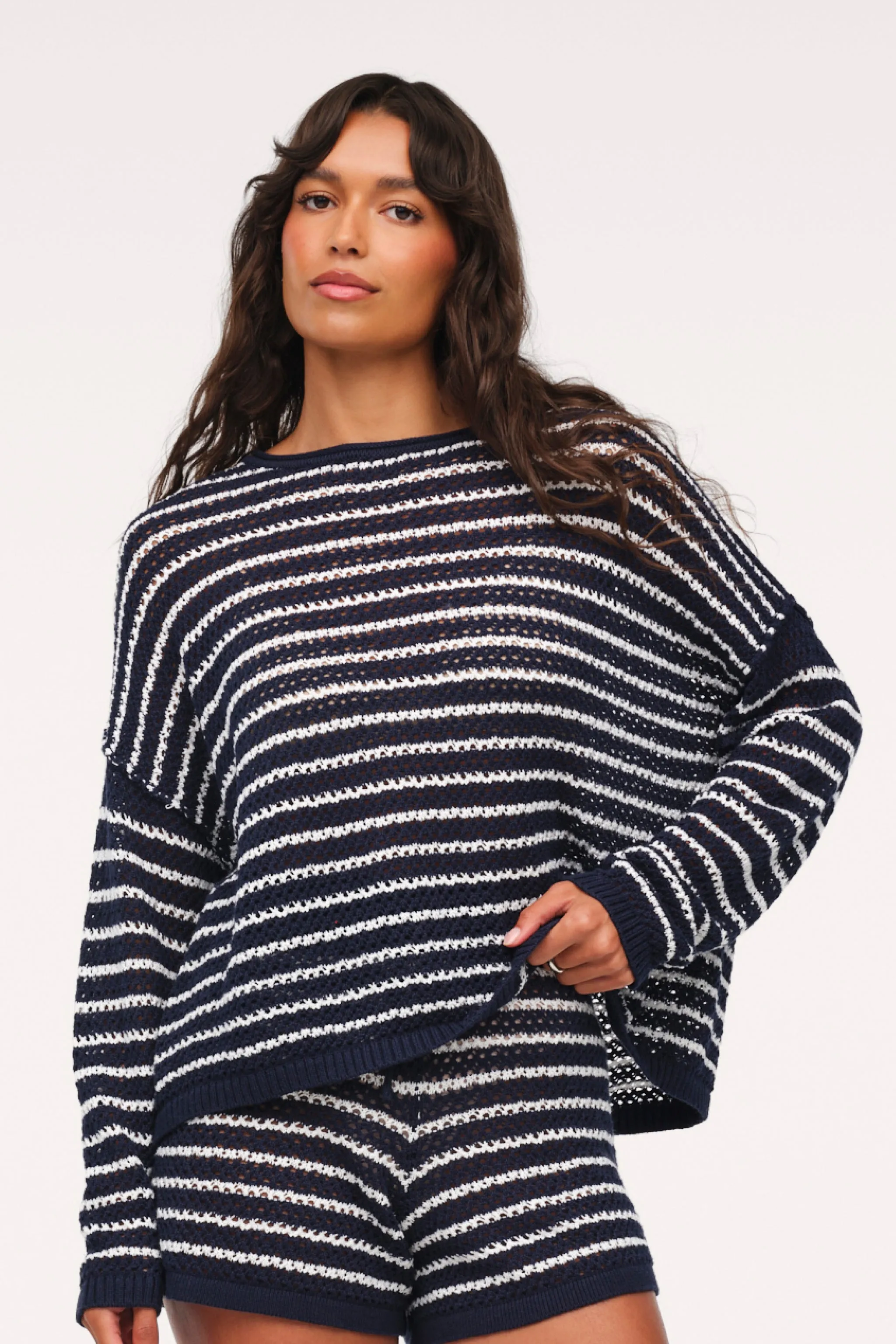 Cotton Crochet Sweater | Navy Stripe sold by nuuds