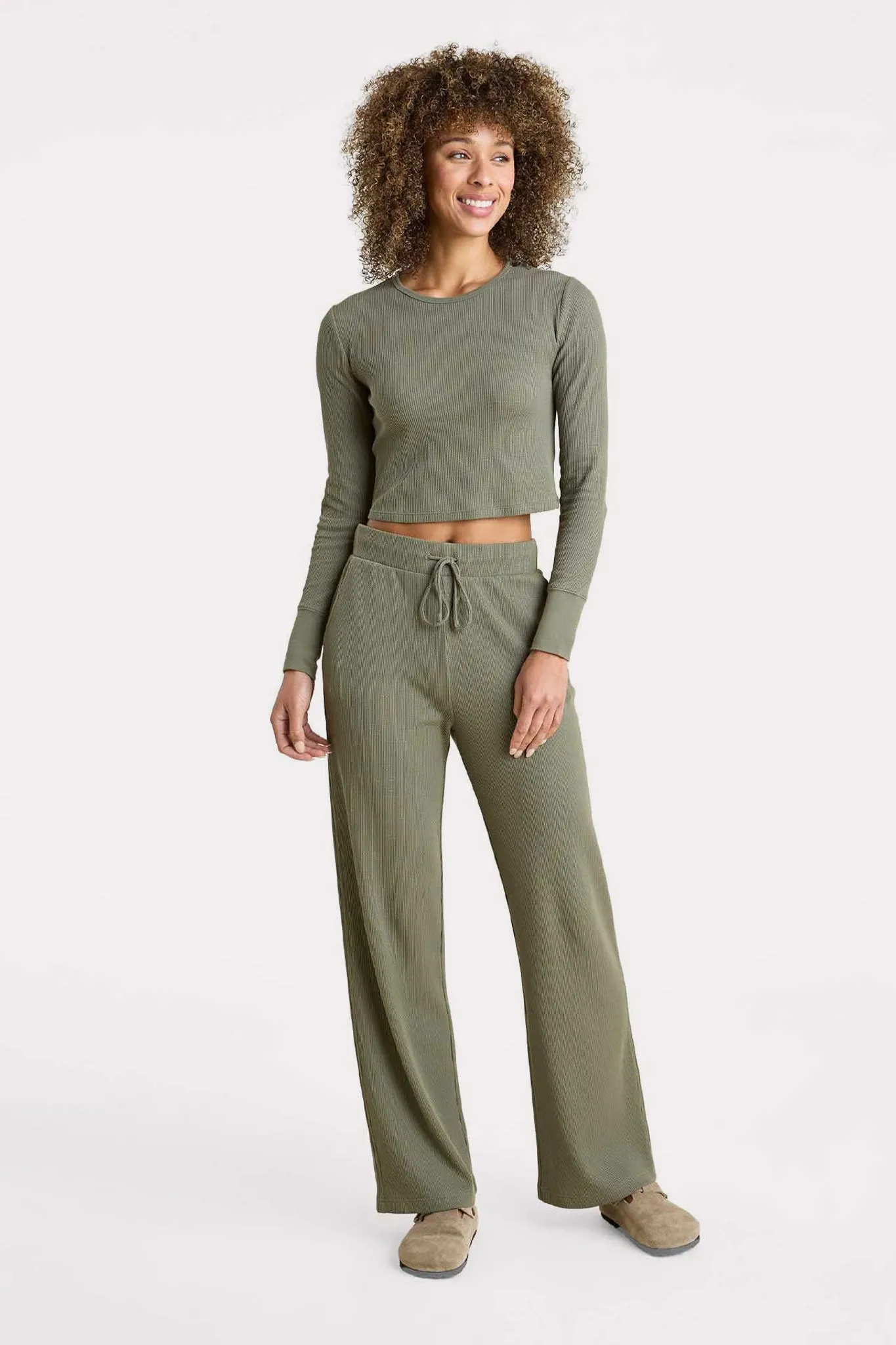 Waffle Wide Leg Pant | Olive sold by nuuds