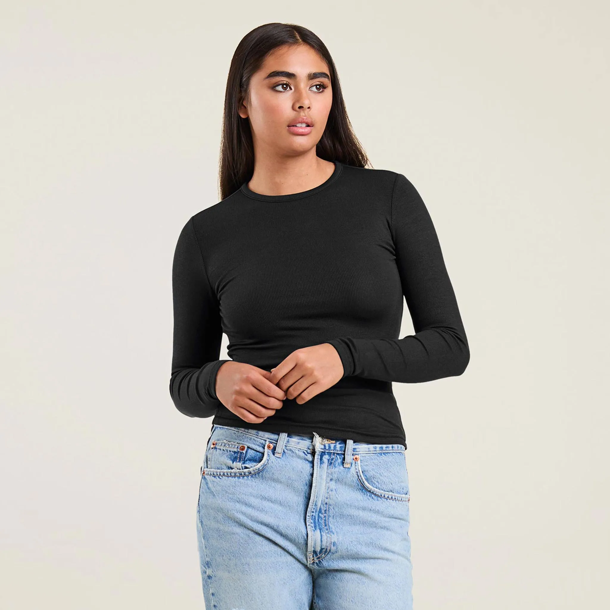 Slinky Rib Long Sleeve Shirt | Black sold by nuuds